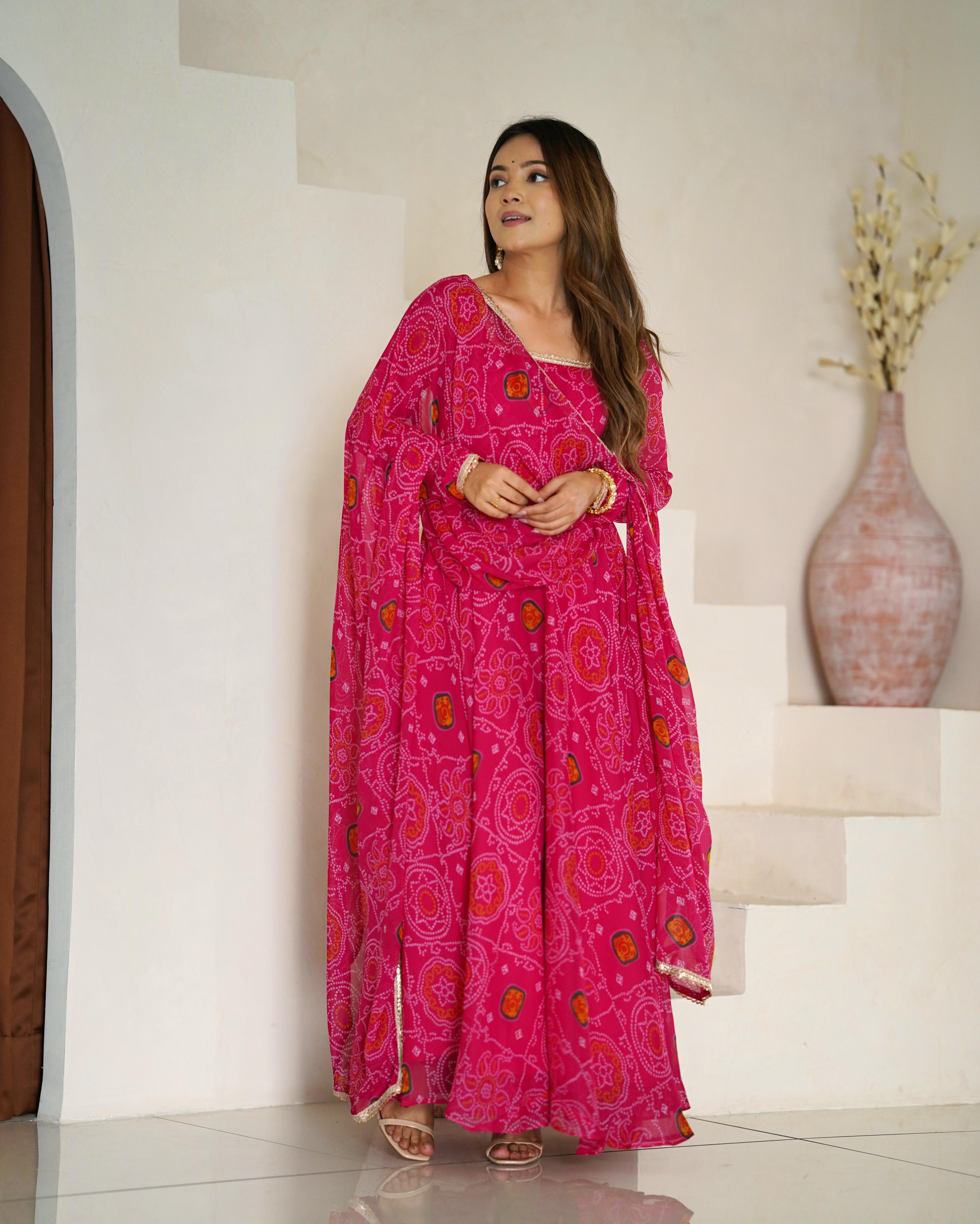 Pink Lightweight Chiffon Anarkali Suit Set with Huge Flair - Festive Wear