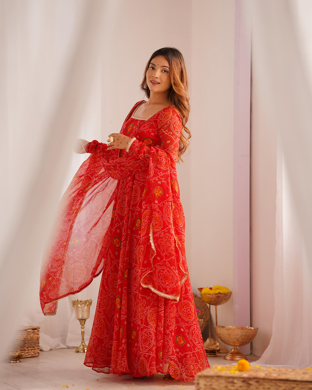 Red Lightweight Chiffon Anarkali Suit Set with Huge Flair - Festive Wear
