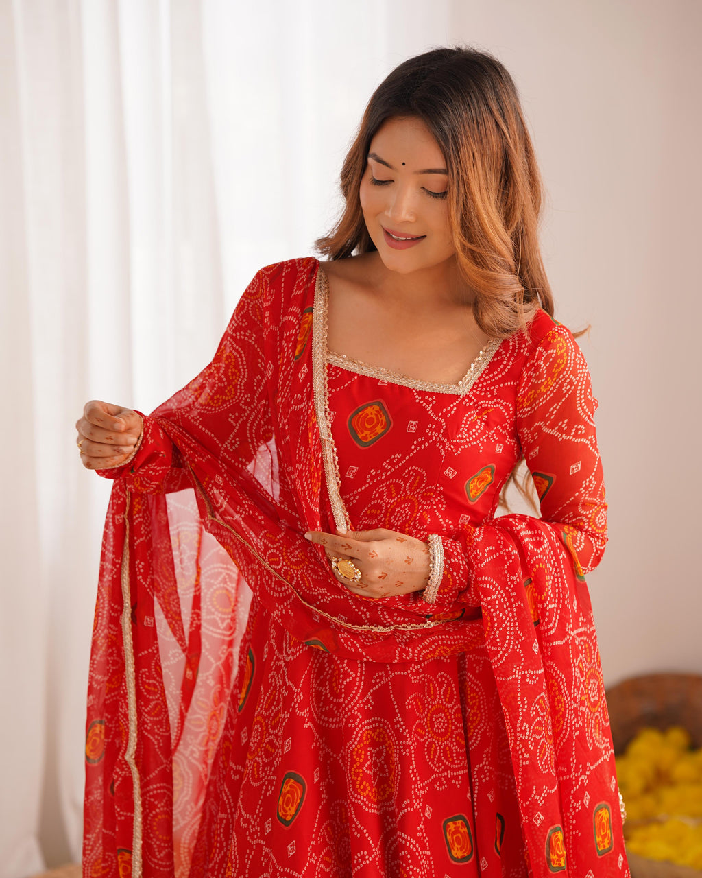 Red Lightweight Chiffon Anarkali Suit Set with Huge Flair - Festive Wear