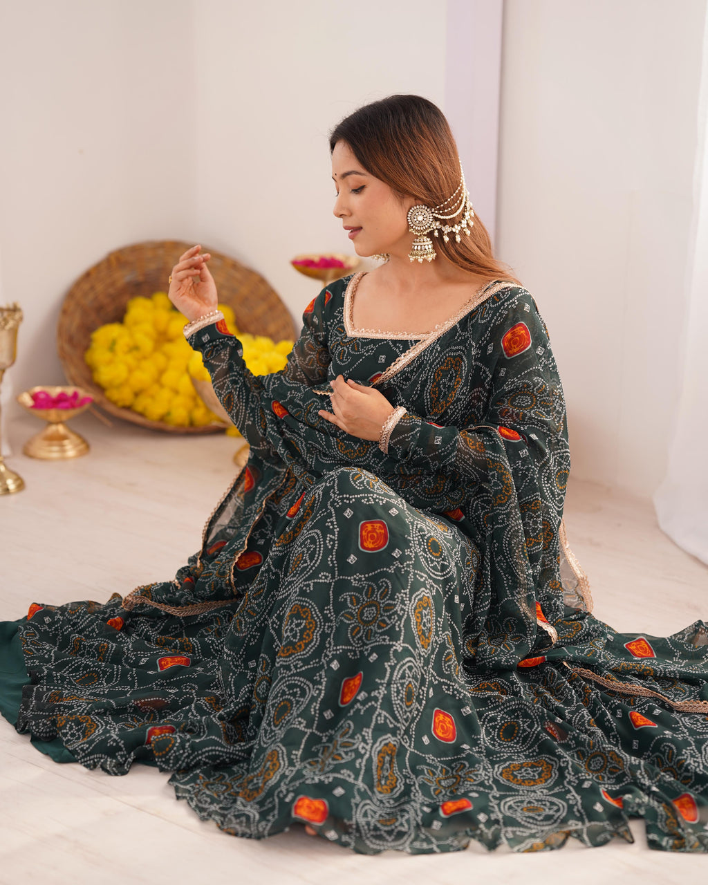 Bottle Green Lightweight Chiffon Anarkali Suit Set with Huge Flair - Festive Wear