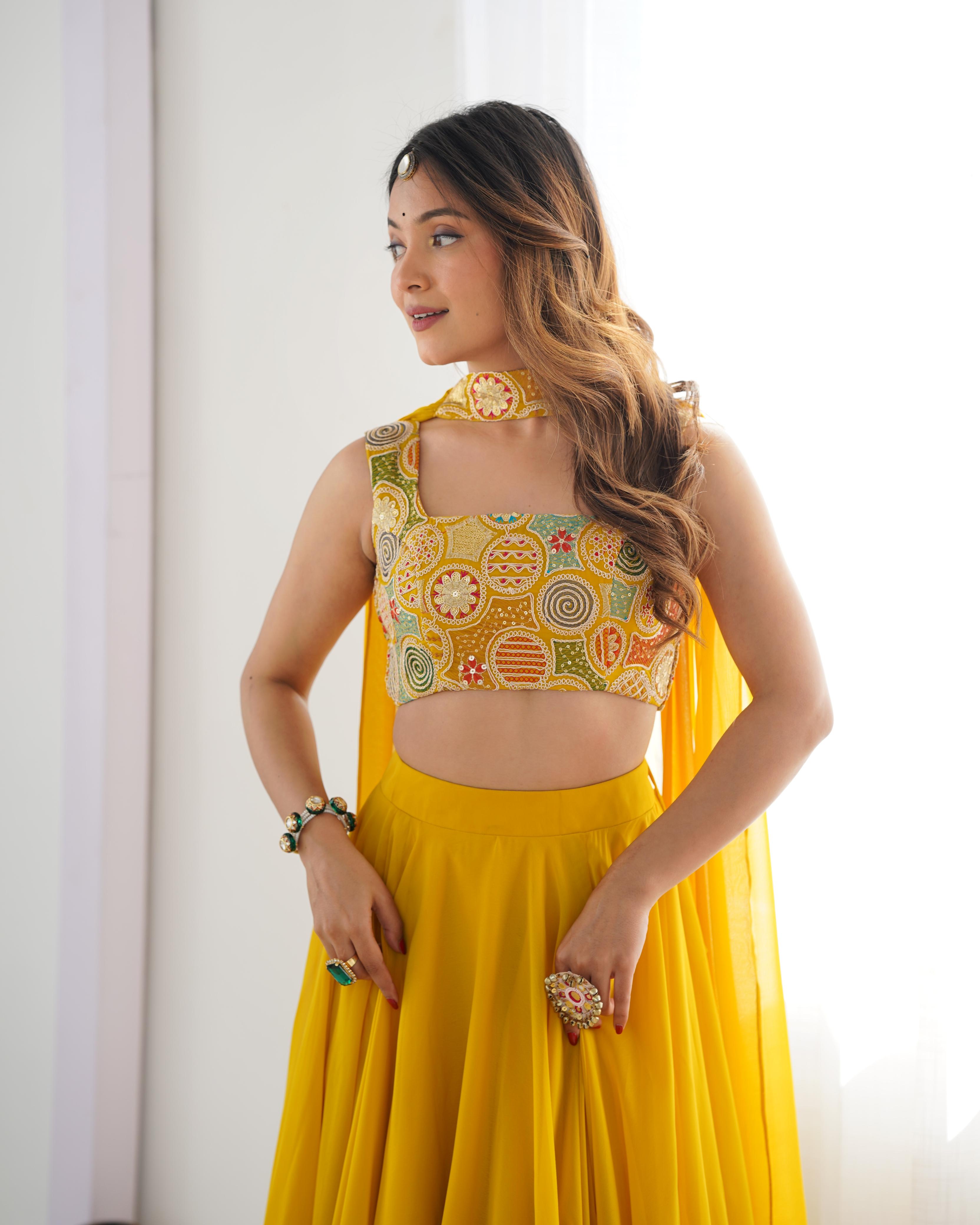 Yellow Pure Soft Georgette Lehenga Set With Huge Flair For Festive Occasion