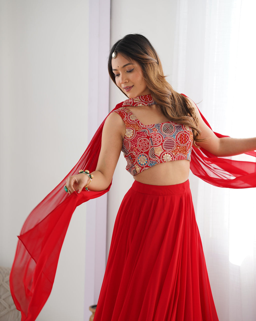Red Pure Soft Georgette Lehenga Set With Huge Flair For Festive Occasion