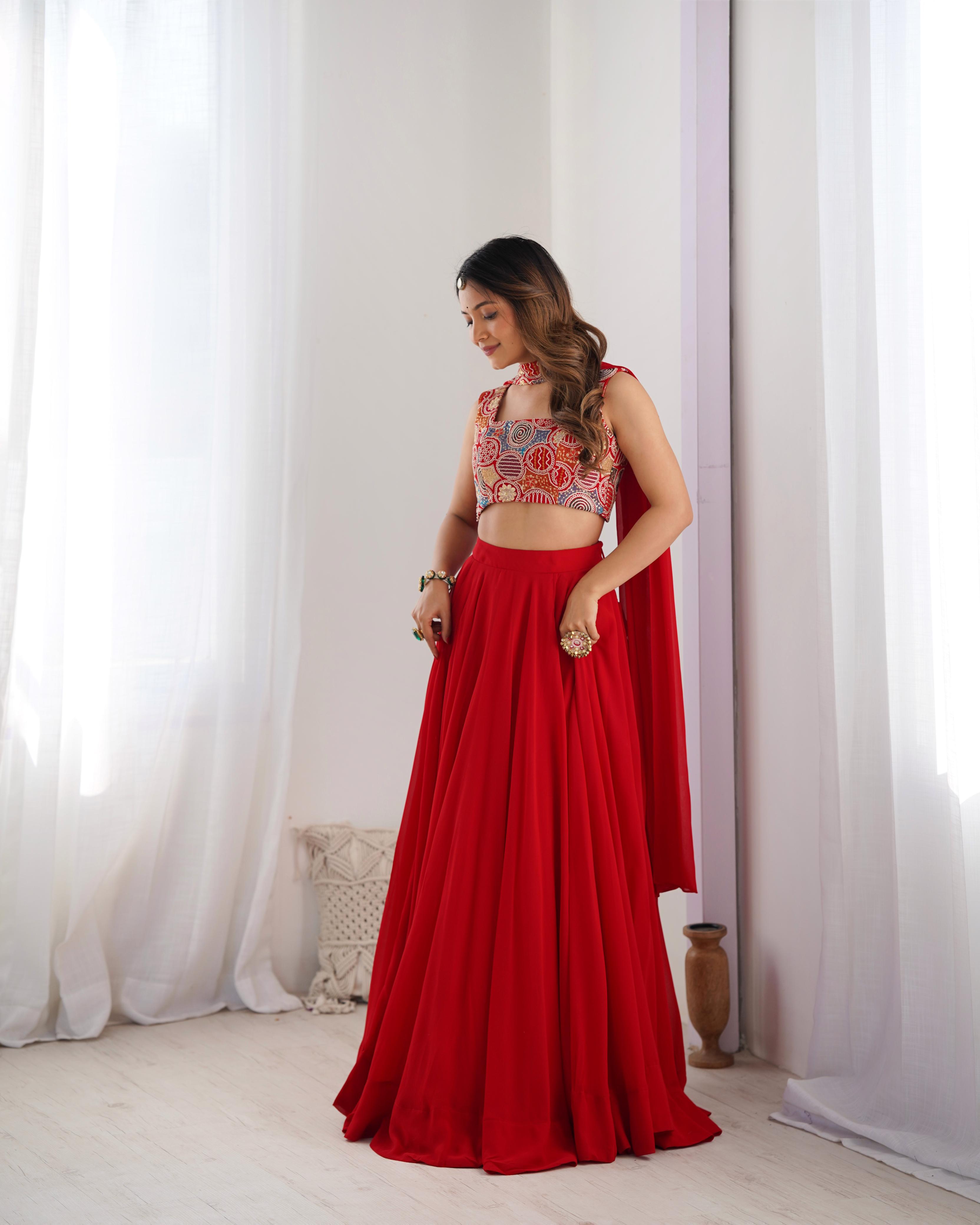 Red Pure Soft Georgette Lehenga Set With Huge Flair For Festive Occasion