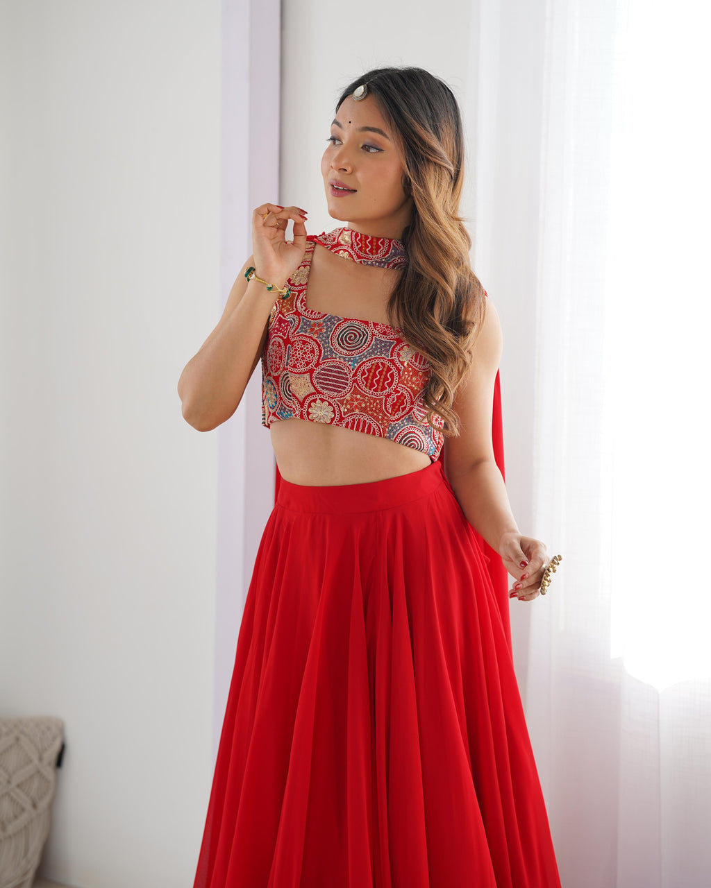 Red Pure Soft Georgette Lehenga Set With Huge Flair For Festive Occasion