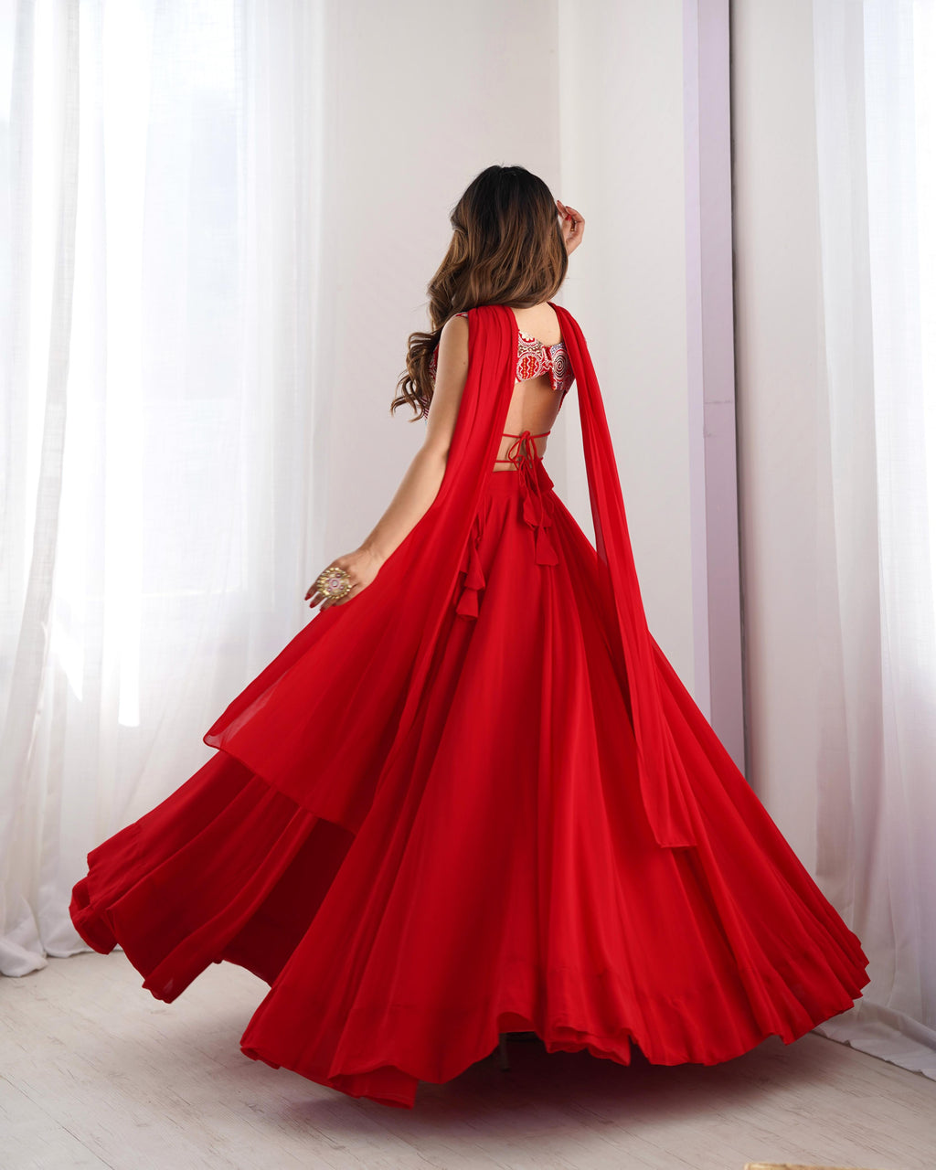 Red Pure Soft Georgette Lehenga Set With Huge Flair For Festive Occasion