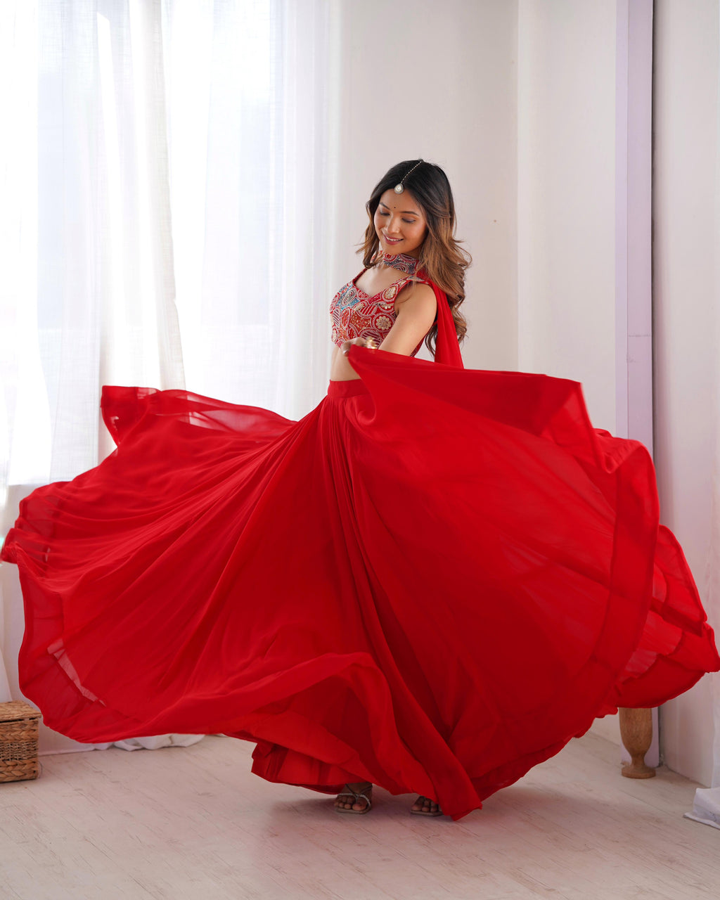 Red Pure Soft Georgette Lehenga Set With Huge Flair For Festive Occasion