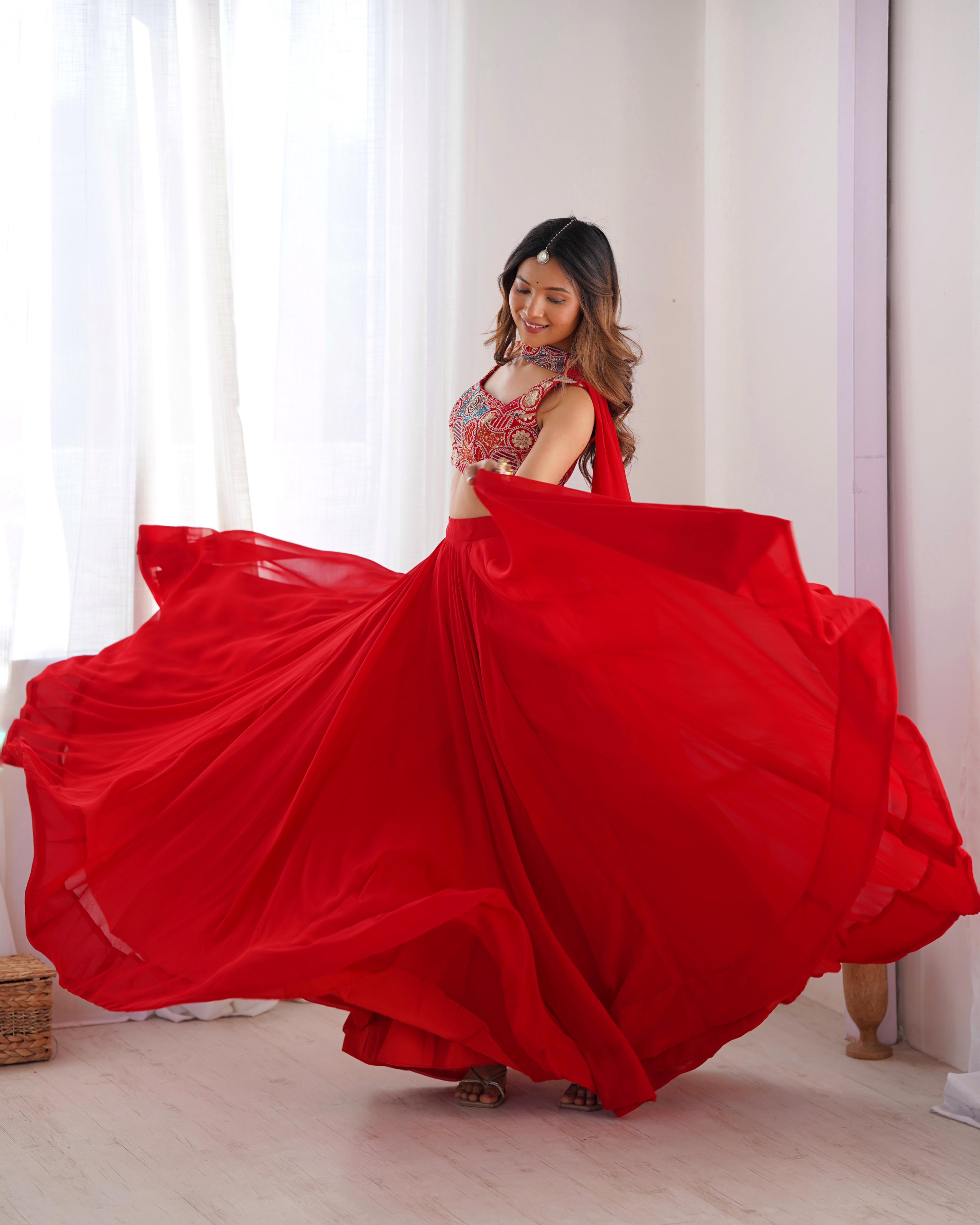 Red Pure Soft Georgette Lehenga Set With Huge Flair For Festive Occasion