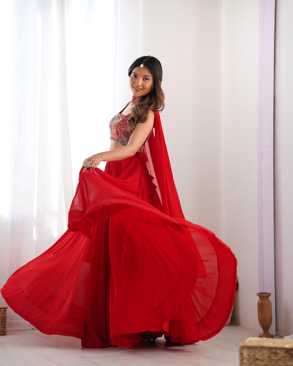 Red Pure Soft Georgette Lehenga Set With Huge Flair For Festive Occasion