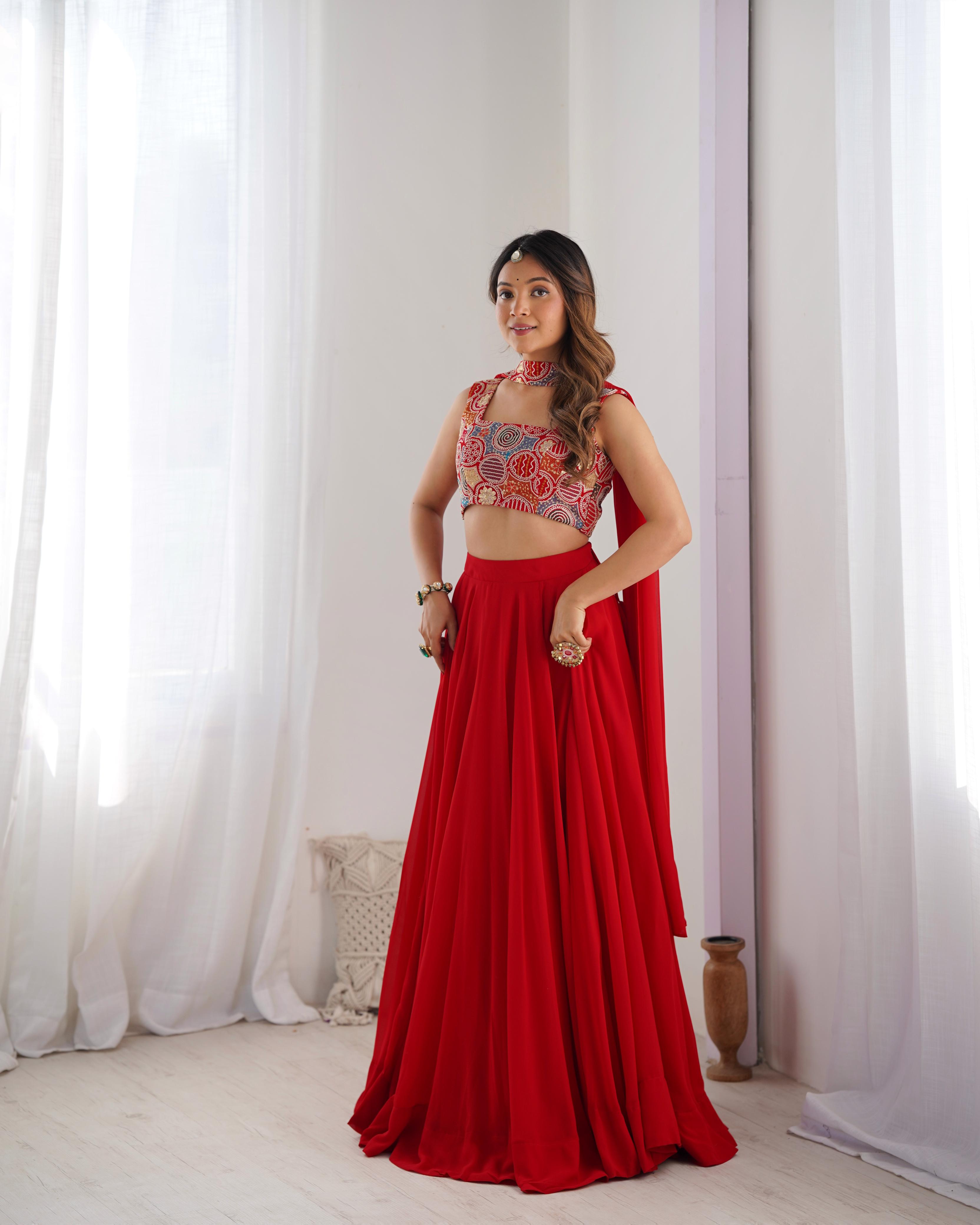 Red Pure Soft Georgette Lehenga Set With Huge Flair For Festive Occasion
