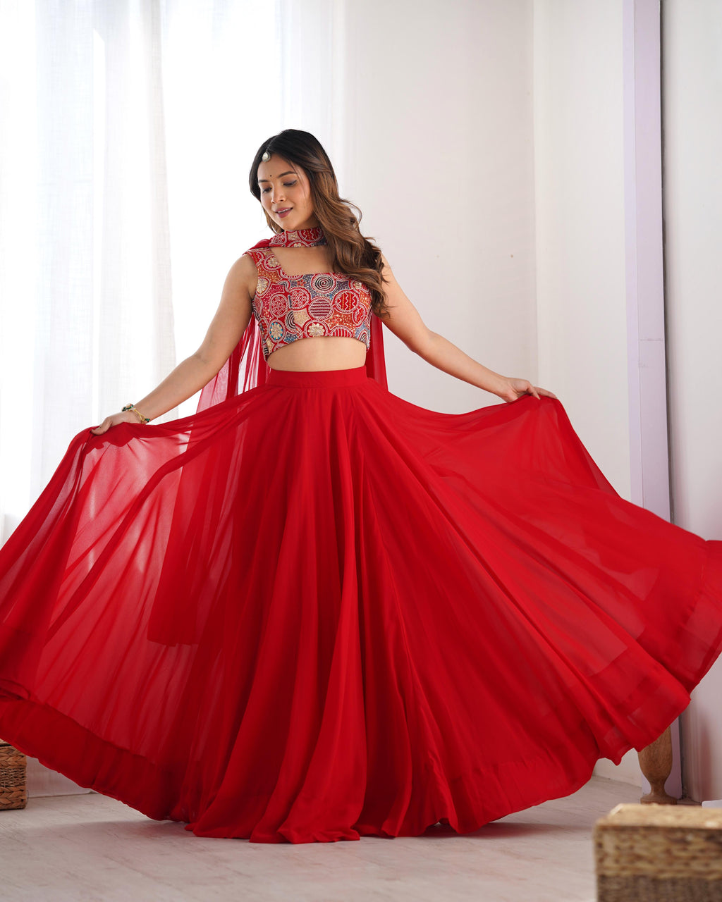 Red Pure Soft Georgette Lehenga Set With Huge Flair For Festive Occasion