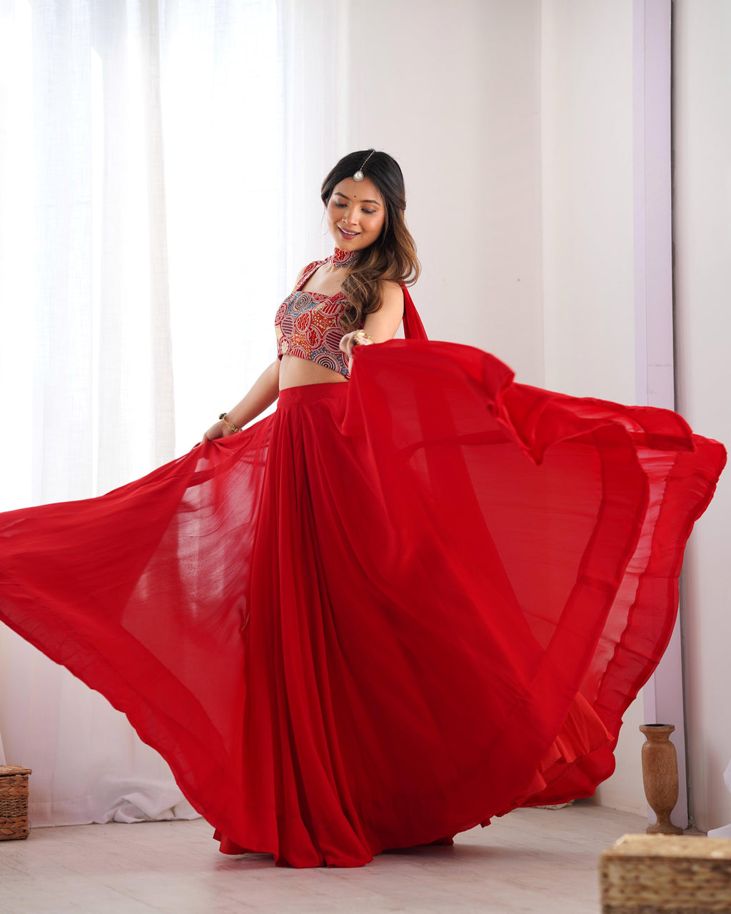 Red Pure Soft Georgette Lehenga Set With Huge Flair For Festive Occasion