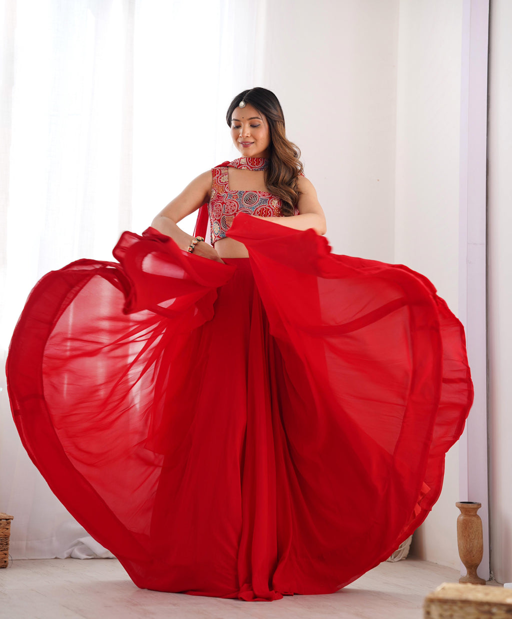 Red Pure Soft Georgette Lehenga Set With Huge Flair For Festive Occasion