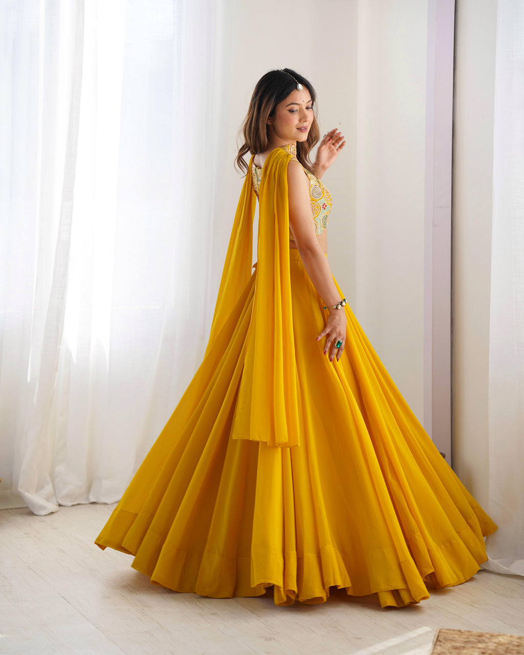 Yellow Pure Soft Georgette Lehenga Set With Huge Flair For Festive Occasion