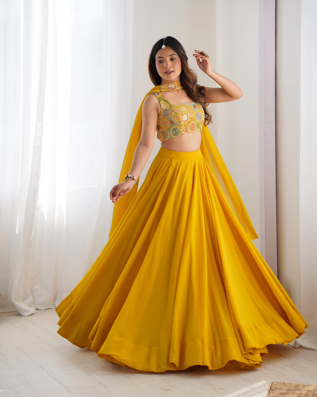 Yellow Pure Soft Georgette Lehenga Set With Huge Flair For Festive Occasion