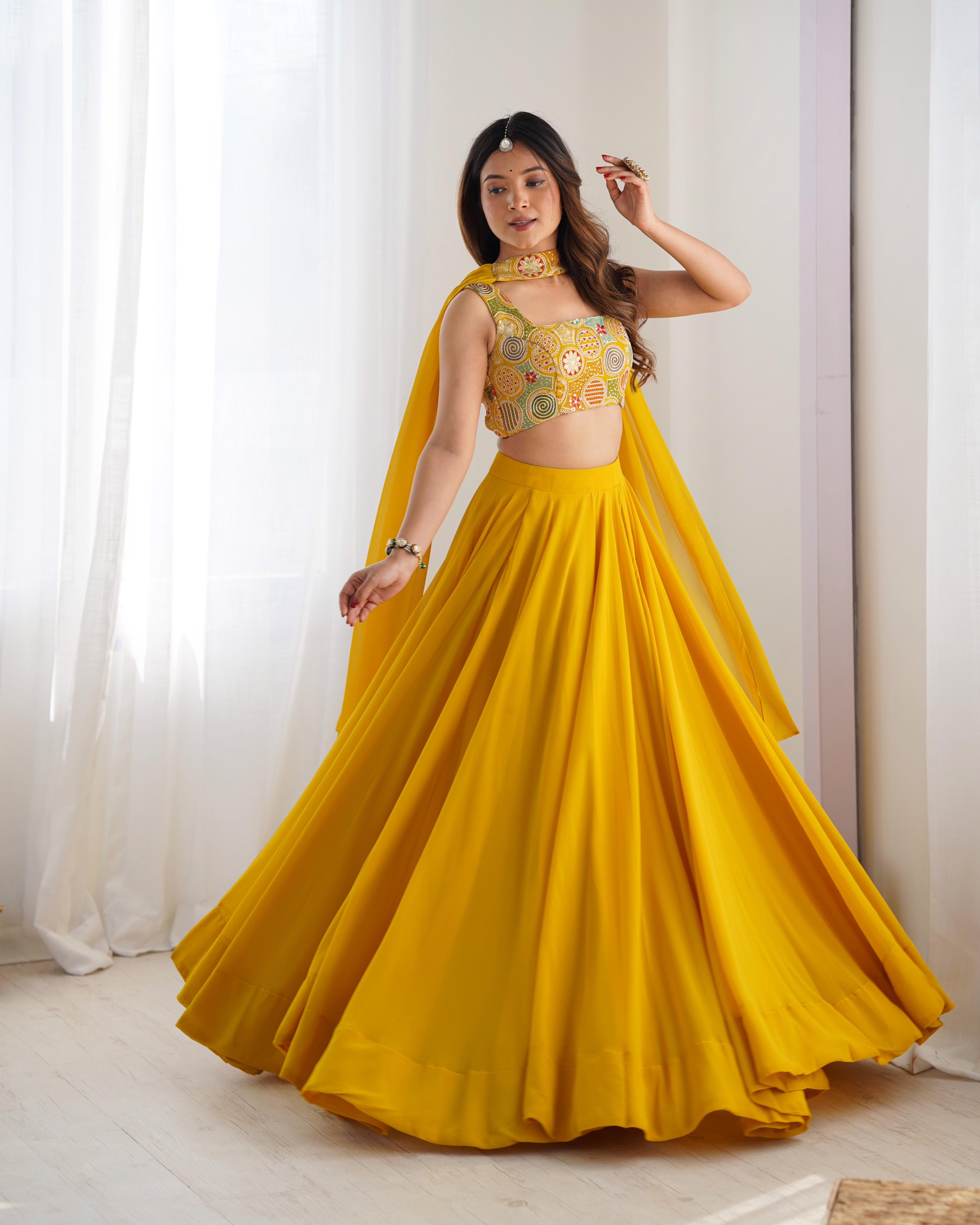 Yellow Pure Soft Georgette Lehenga Set With Huge Flair For Festive Occasion