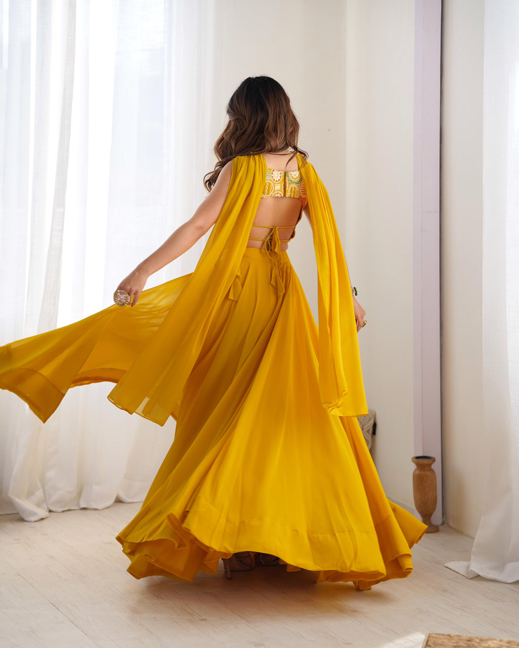Yellow Pure Soft Georgette Lehenga Set With Huge Flair For Festive Occasion