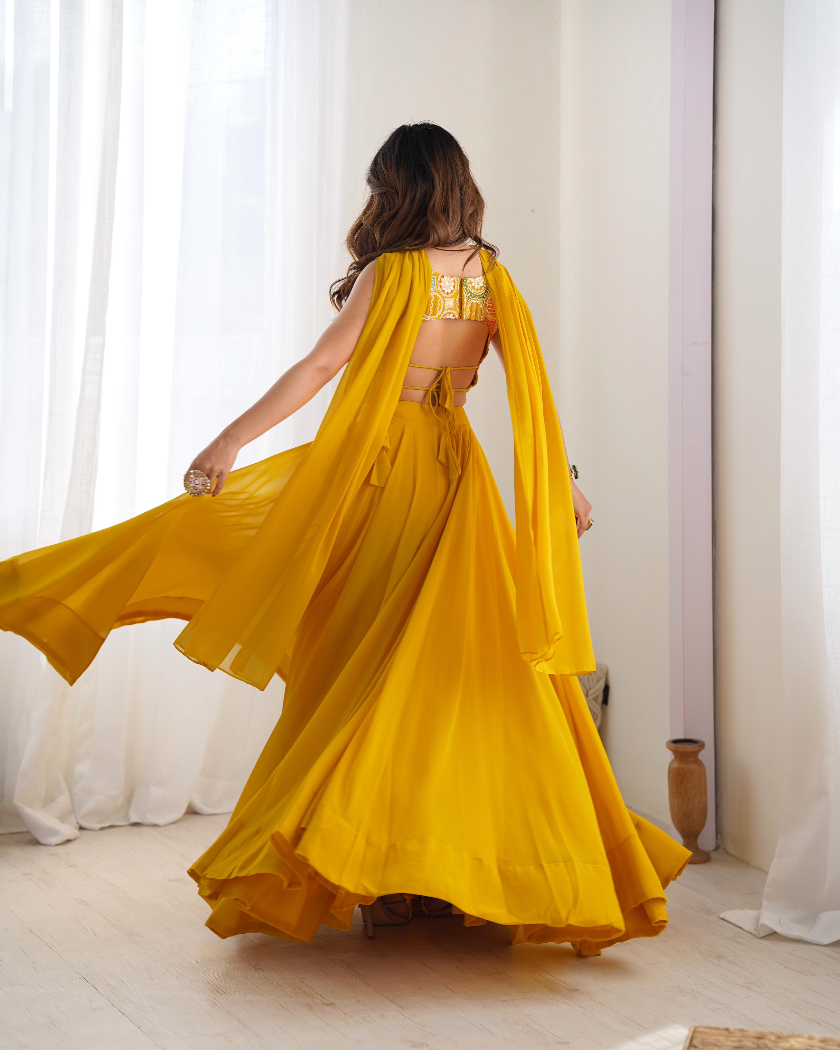 Yellow Pure Soft Georgette Lehenga Set With Huge Flair For Festive Occasion