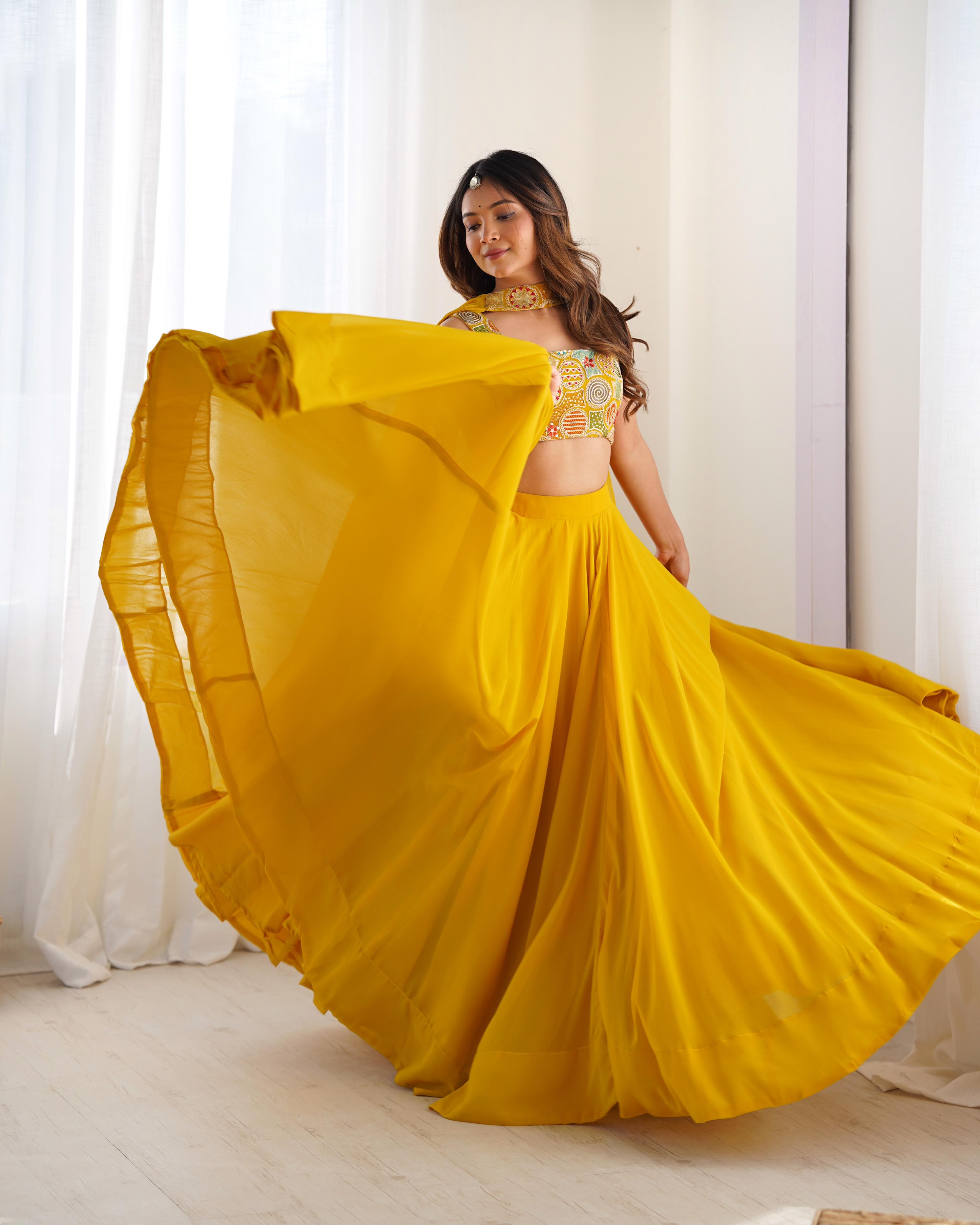 Yellow Pure Soft Georgette Lehenga Set With Huge Flair For Festive Occasion
