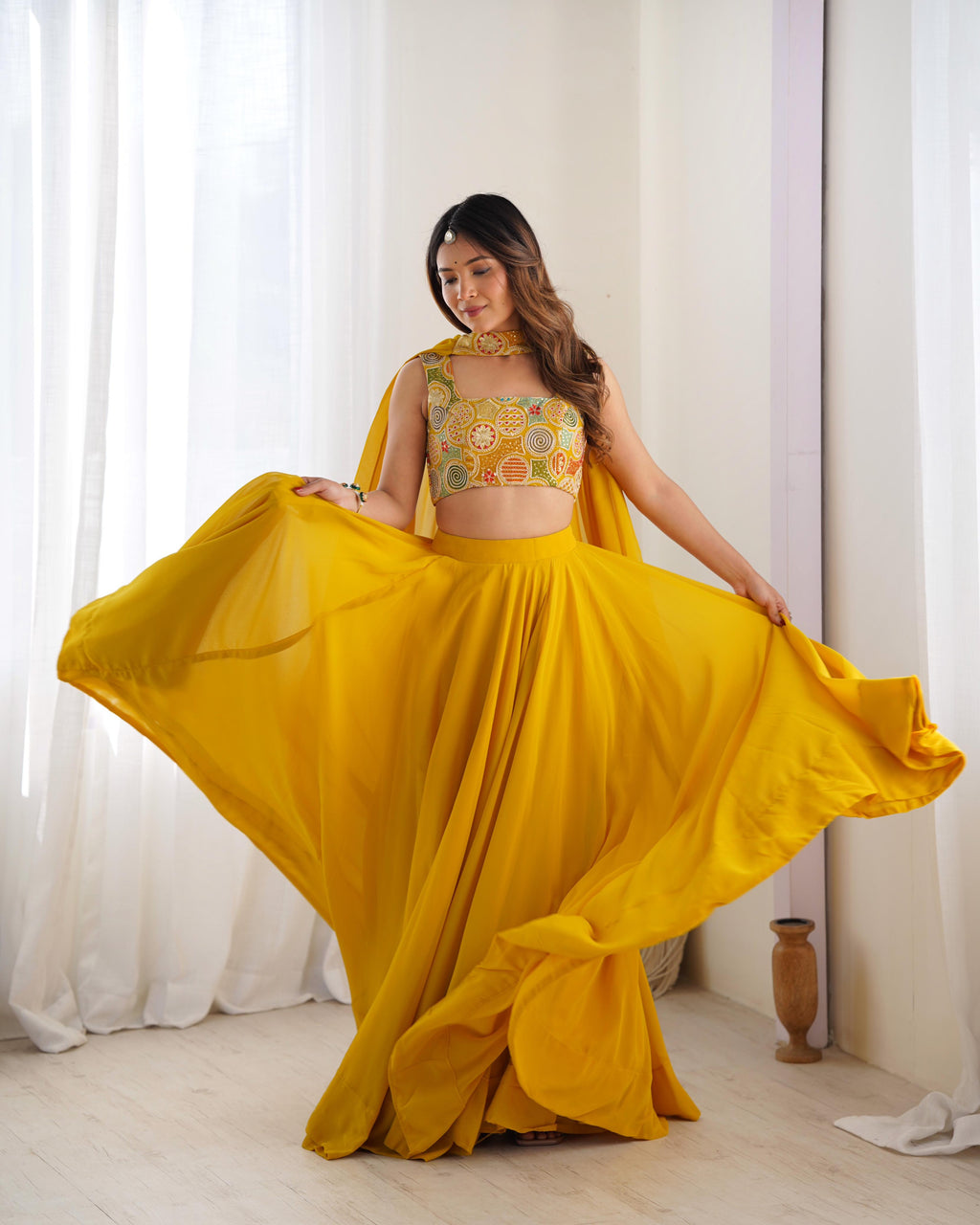 Yellow Pure Soft Georgette Lehenga Set With Huge Flair For Festive Occasion