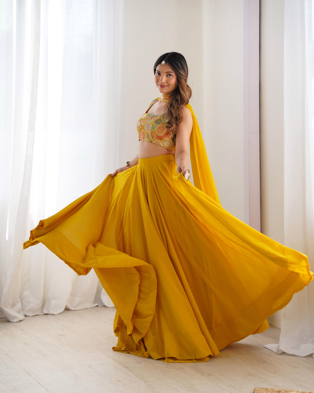 Yellow Pure Soft Georgette Lehenga Set With Huge Flair For Festive Occasion