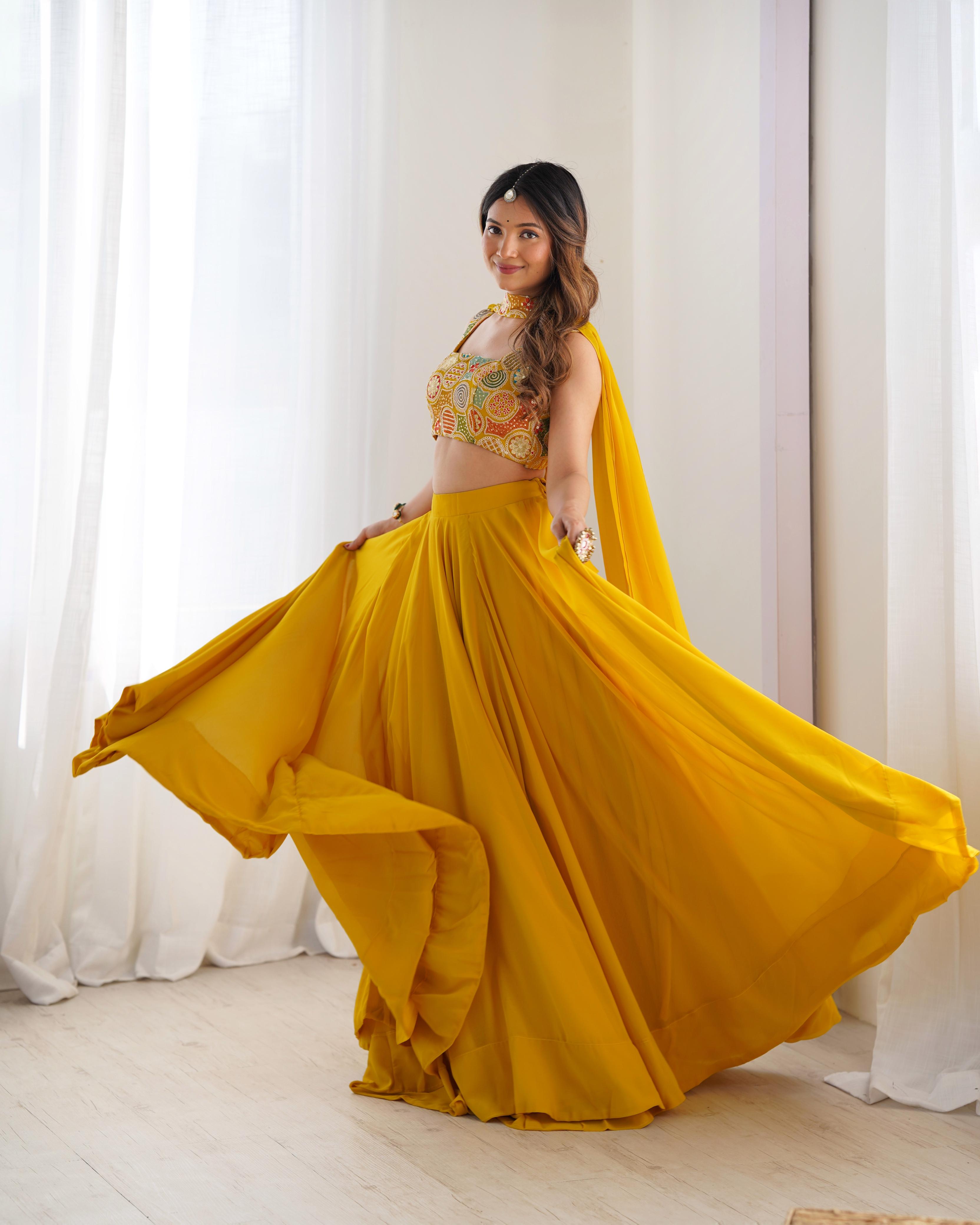 Yellow Pure Soft Georgette Lehenga Set With Huge Flair For Festive Occasion