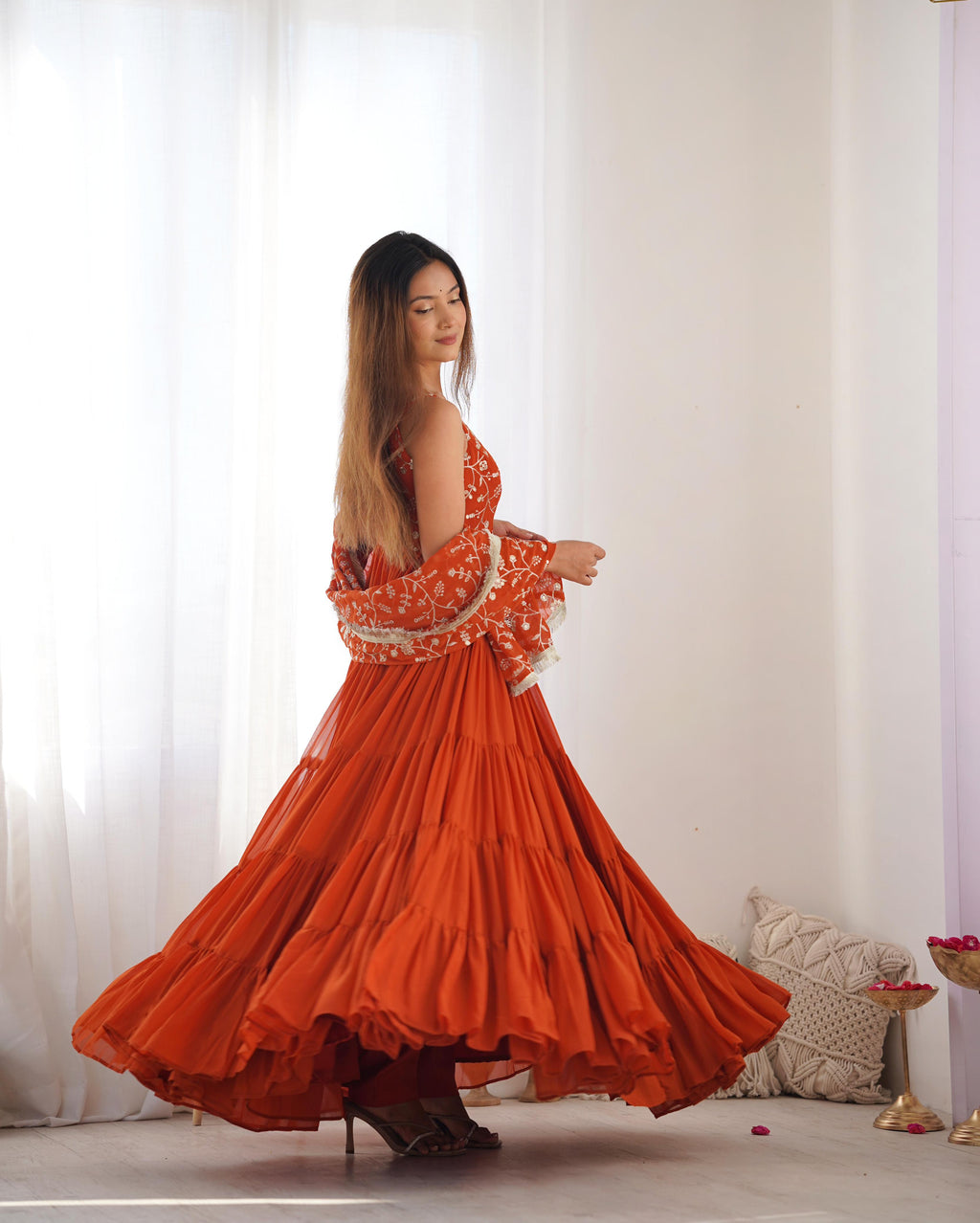 Rust Soft Fox Georgette Anarkali Suit Set with Huge Flair for celebrations