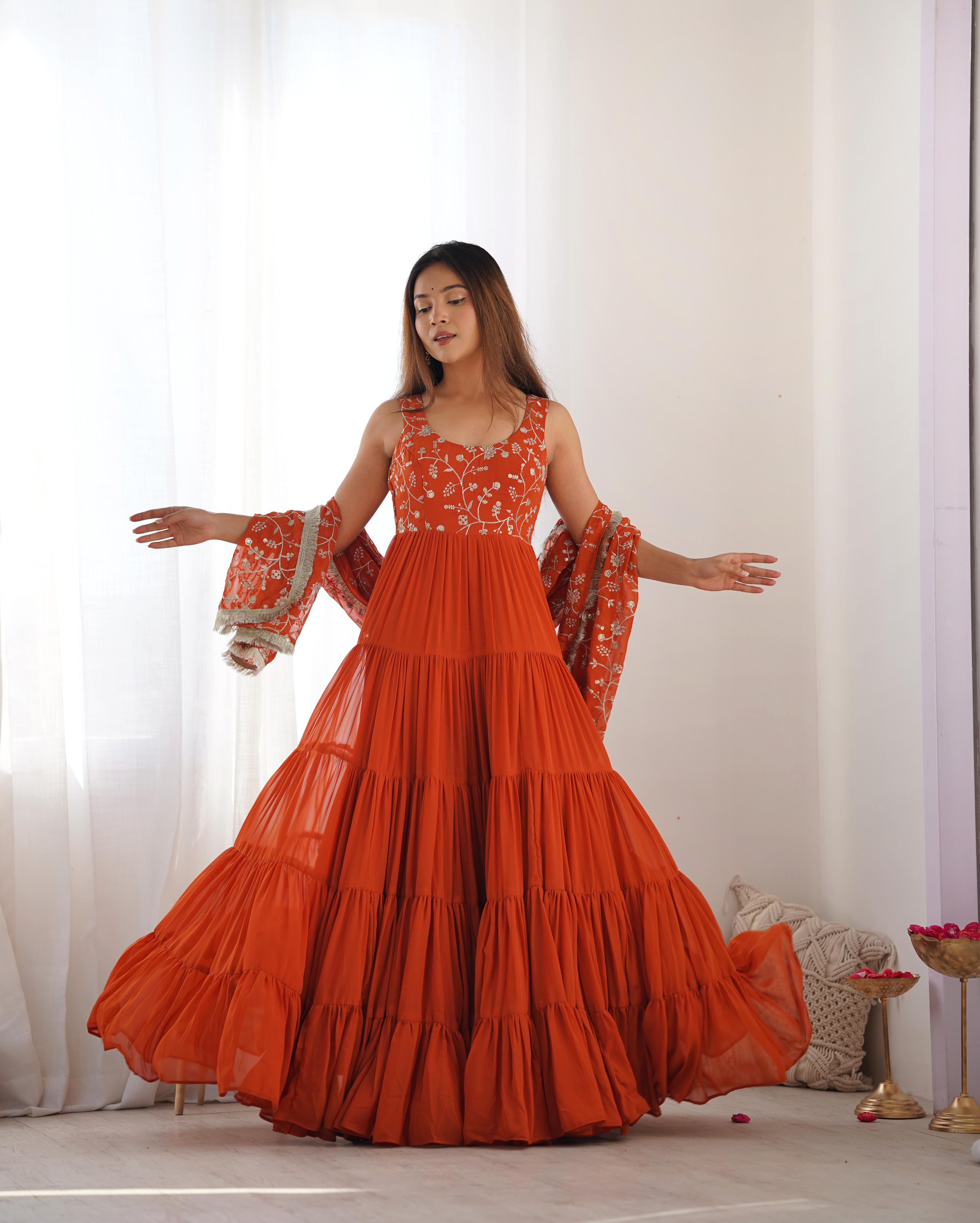 Rust Soft Fox Georgette Anarkali Suit Set with Huge Flair for celebrations