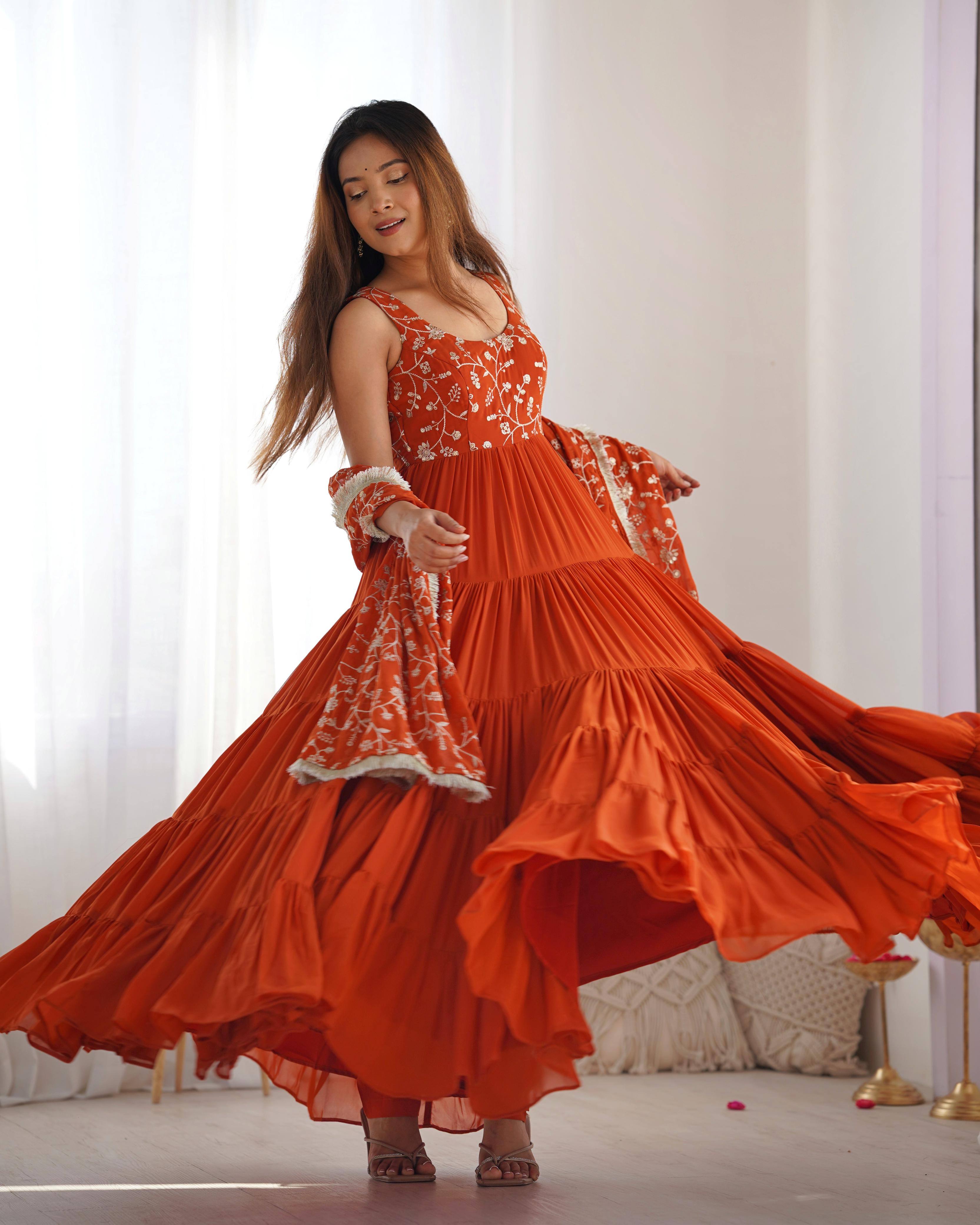 Rust Soft Fox Georgette Anarkali Suit Set with Huge Flair for celebrations