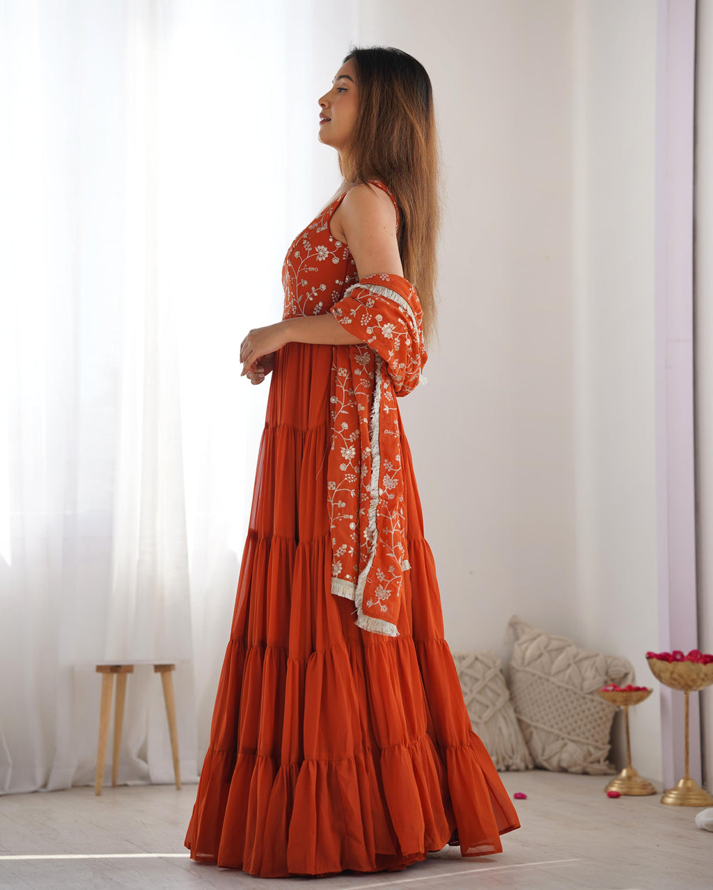 Rust Soft Fox Georgette Anarkali Suit Set with Huge Flair for celebrations