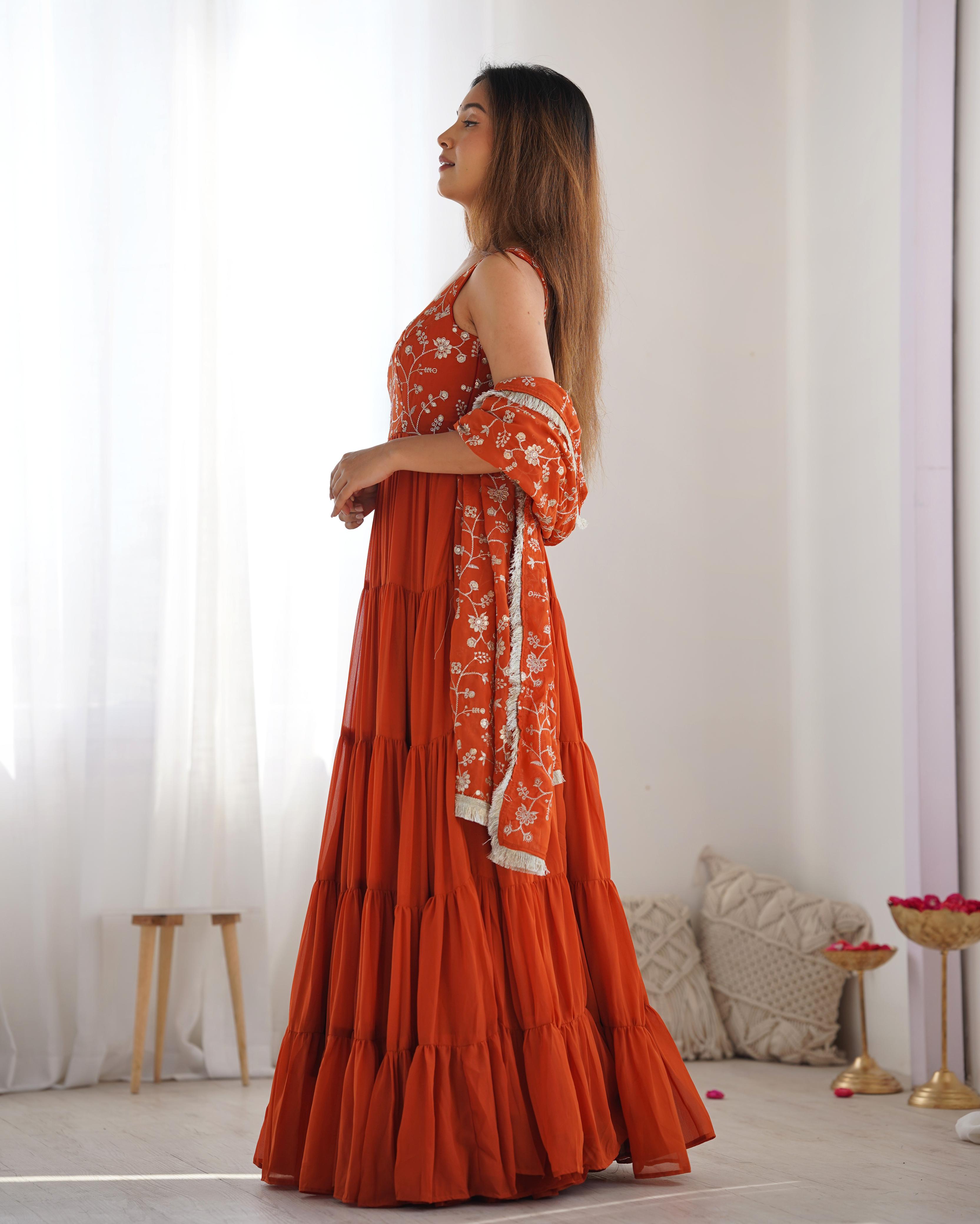 Rust Soft Fox Georgette Anarkali Suit Set with Huge Flair for celebrations