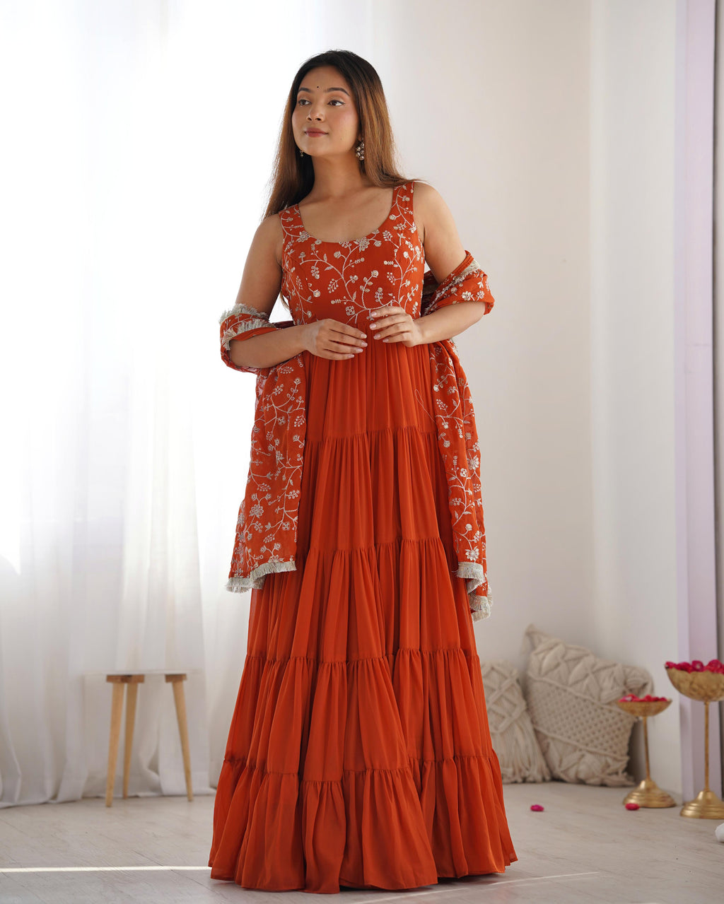 Rust Soft Fox Georgette Anarkali Suit Set with Huge Flair for celebrations