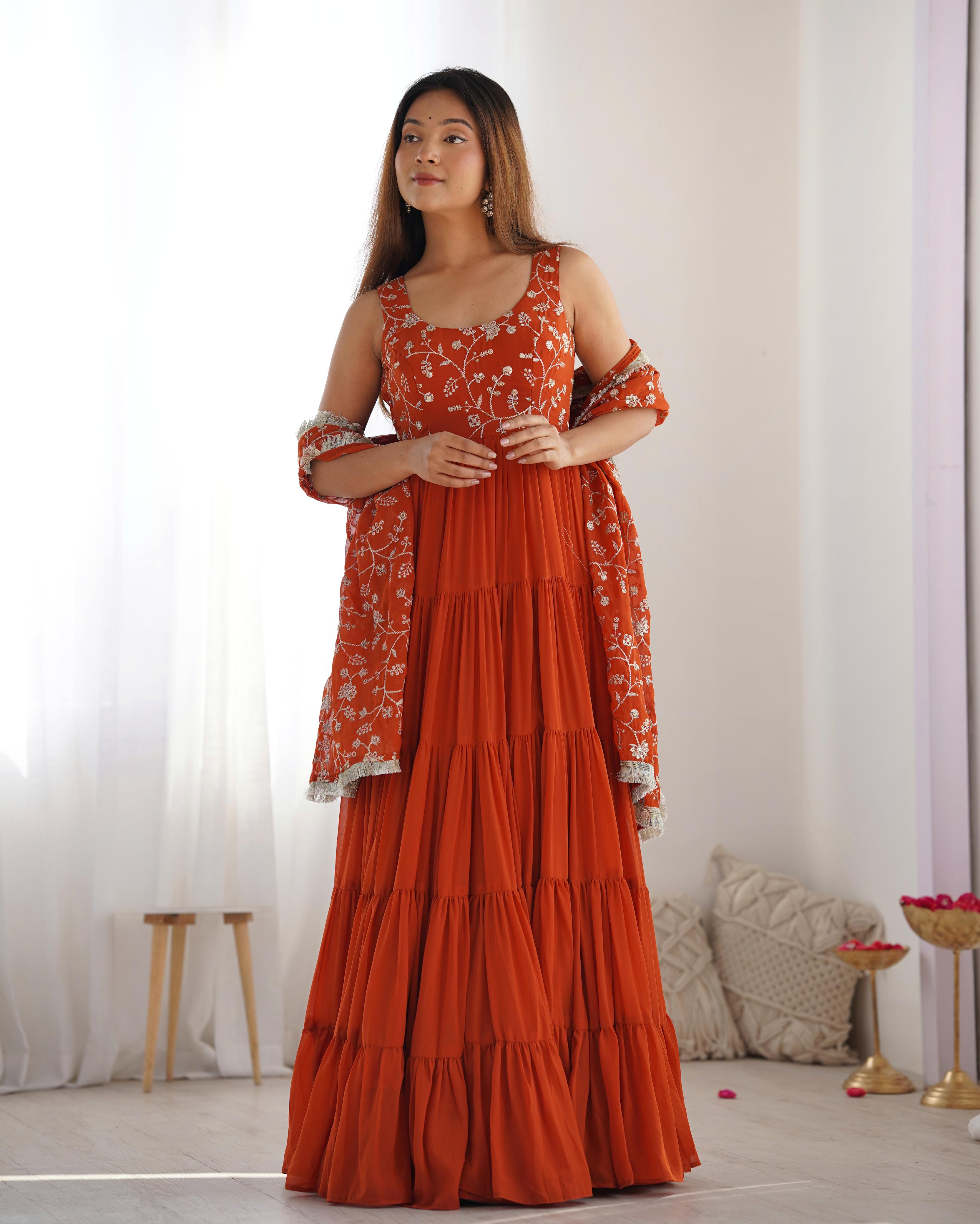 Rust Soft Fox Georgette Anarkali Suit Set with Huge Flair for celebrations