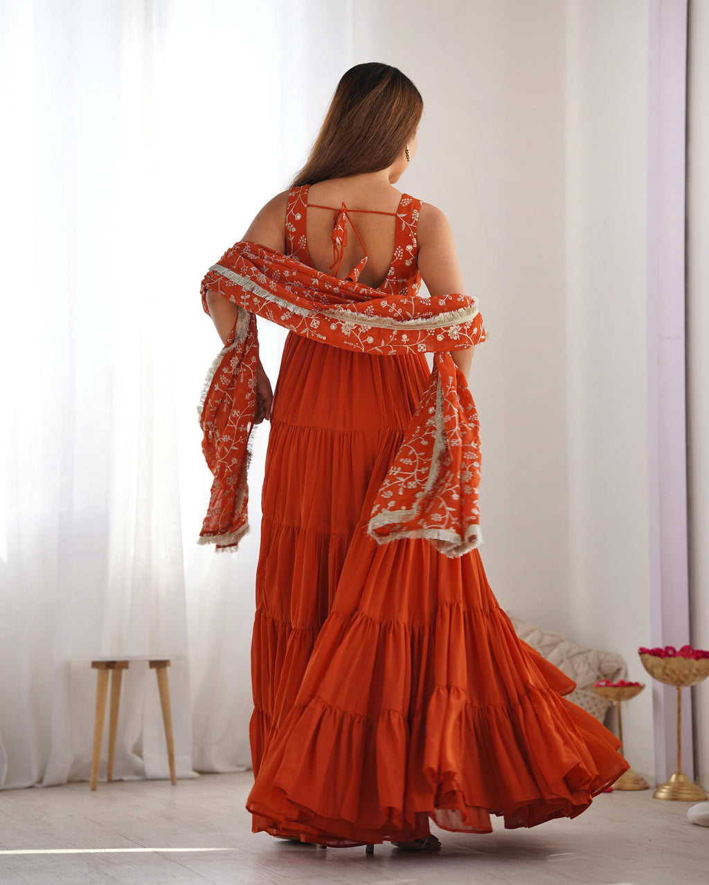 Rust Soft Fox Georgette Anarkali Suit Set with Huge Flair for celebrations
