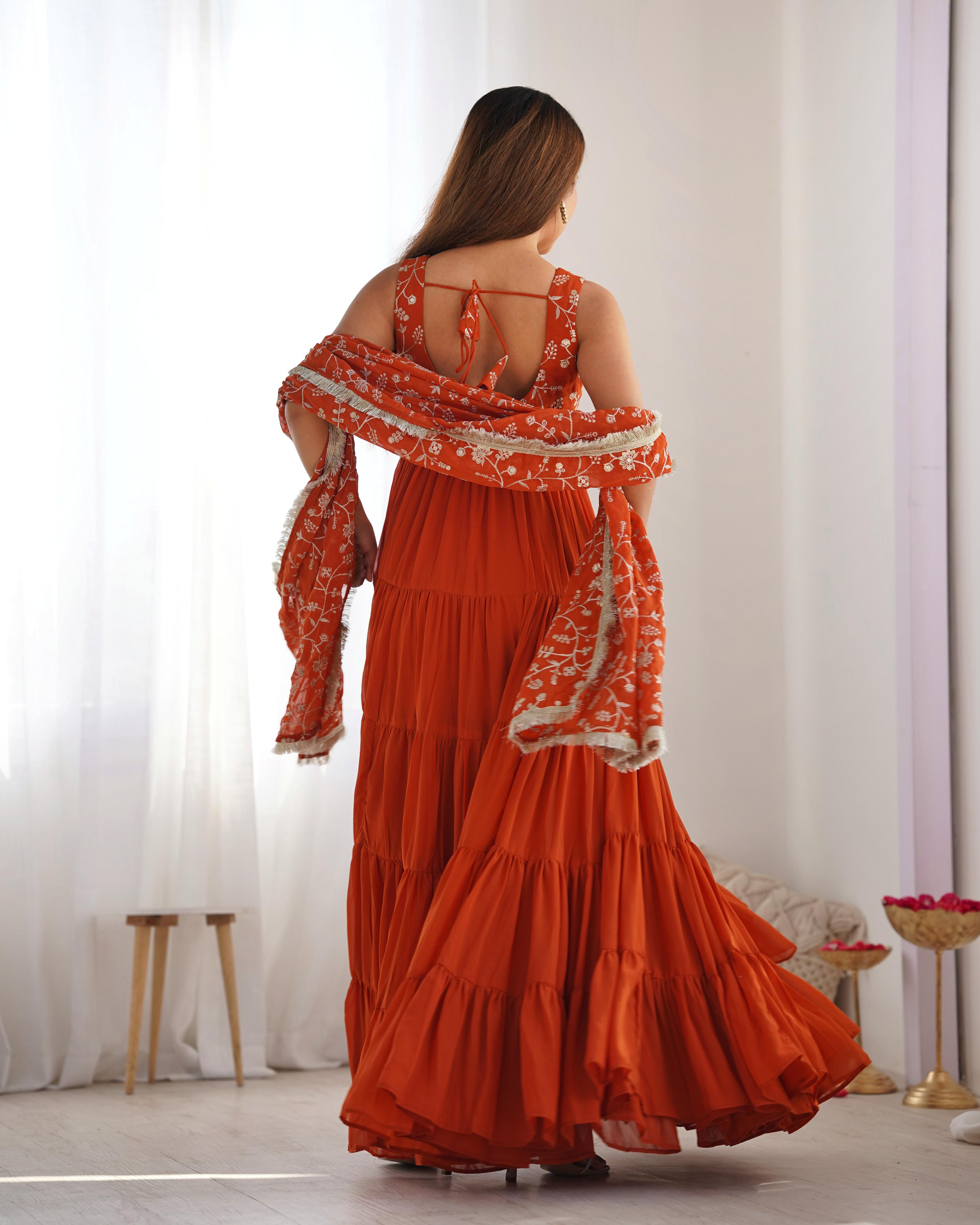 Rust Soft Fox Georgette Anarkali Suit Set with Huge Flair for celebrations