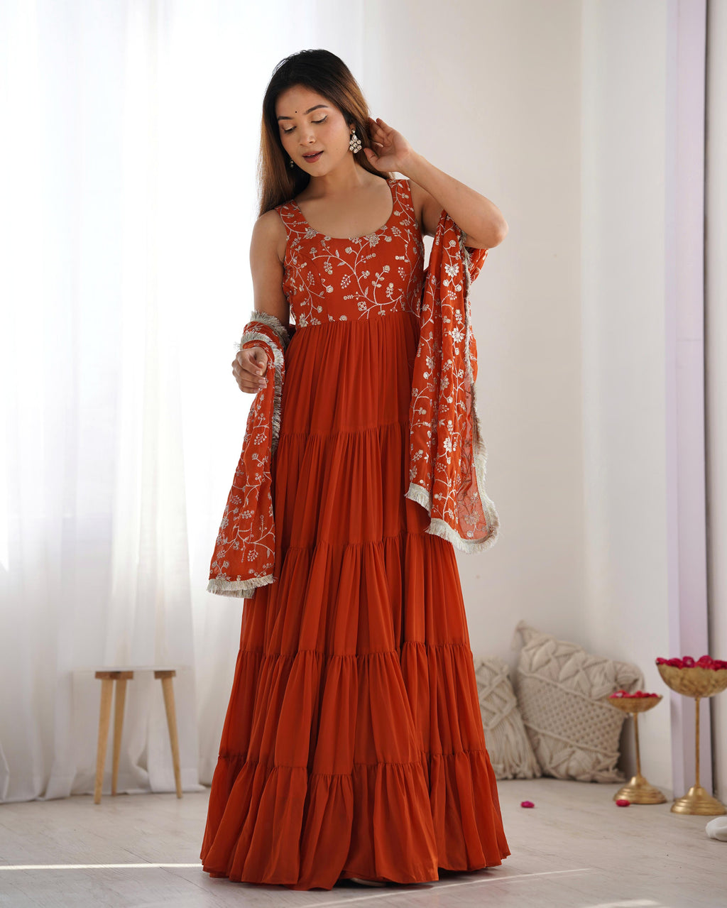 Rust Soft Fox Georgette Anarkali Suit Set with Huge Flair for celebrations