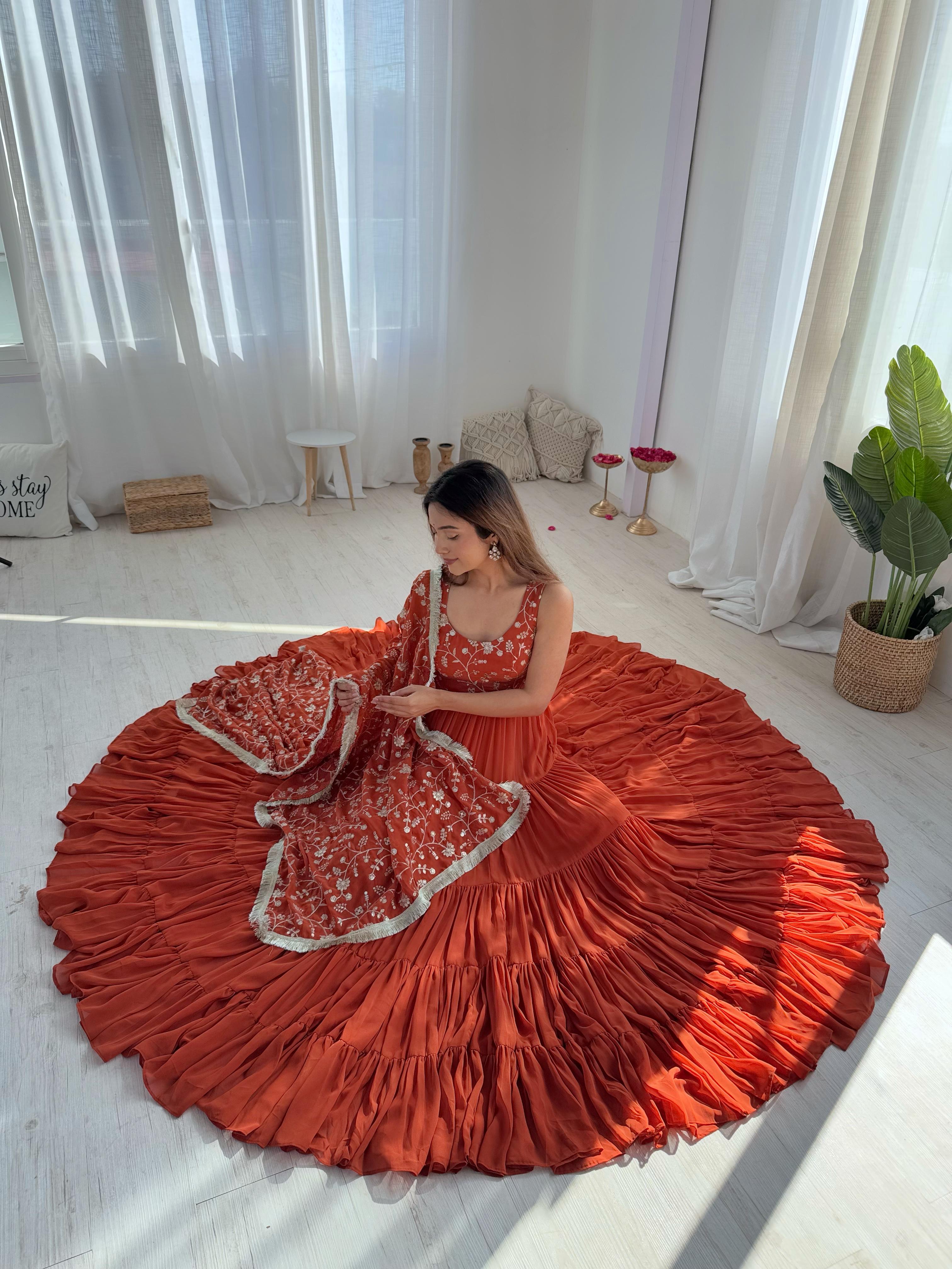 Rust Soft Fox Georgette Anarkali Suit Set with Huge Flair for celebrations