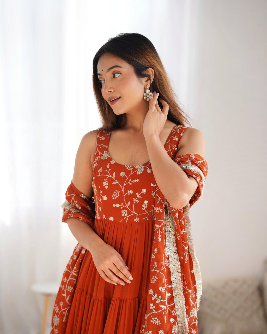 Rust Soft Fox Georgette Anarkali Suit Set with Huge Flair for celebrations