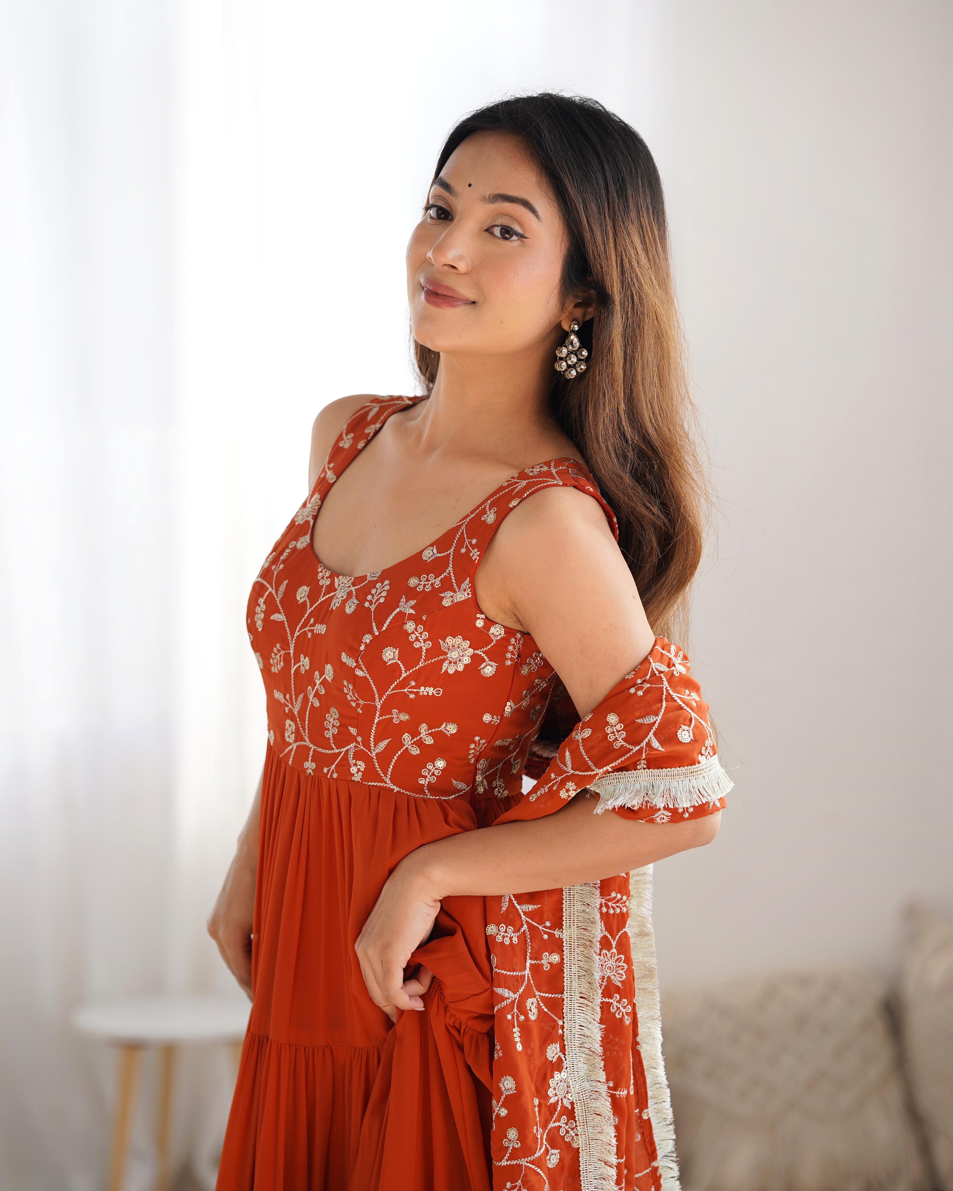 Rust Soft Fox Georgette Anarkali Suit Set with Huge Flair for celebrations