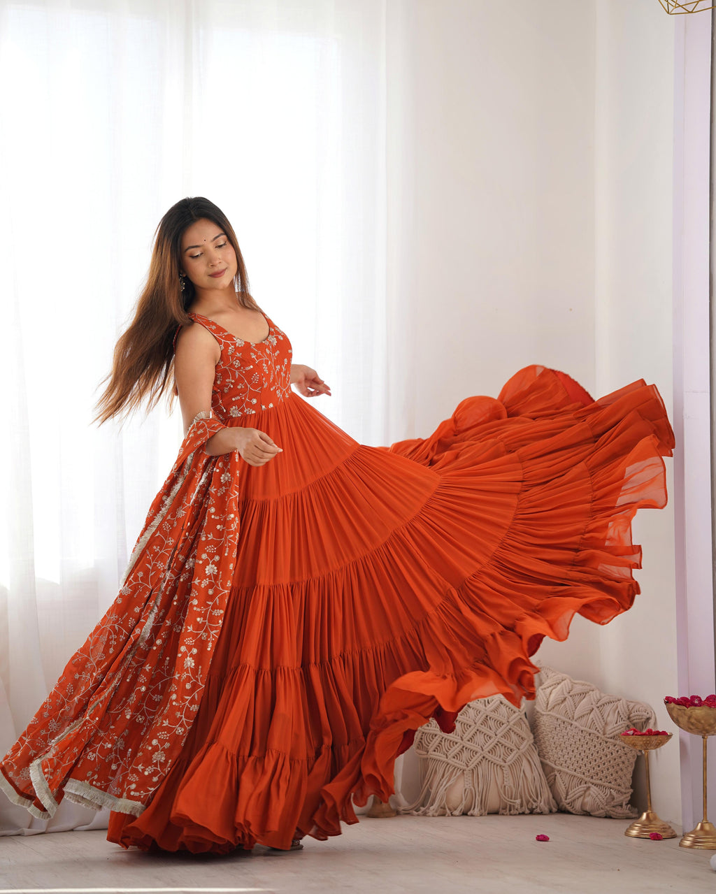 Rust Soft Fox Georgette Anarkali Suit Set with Huge Flair for celebrations