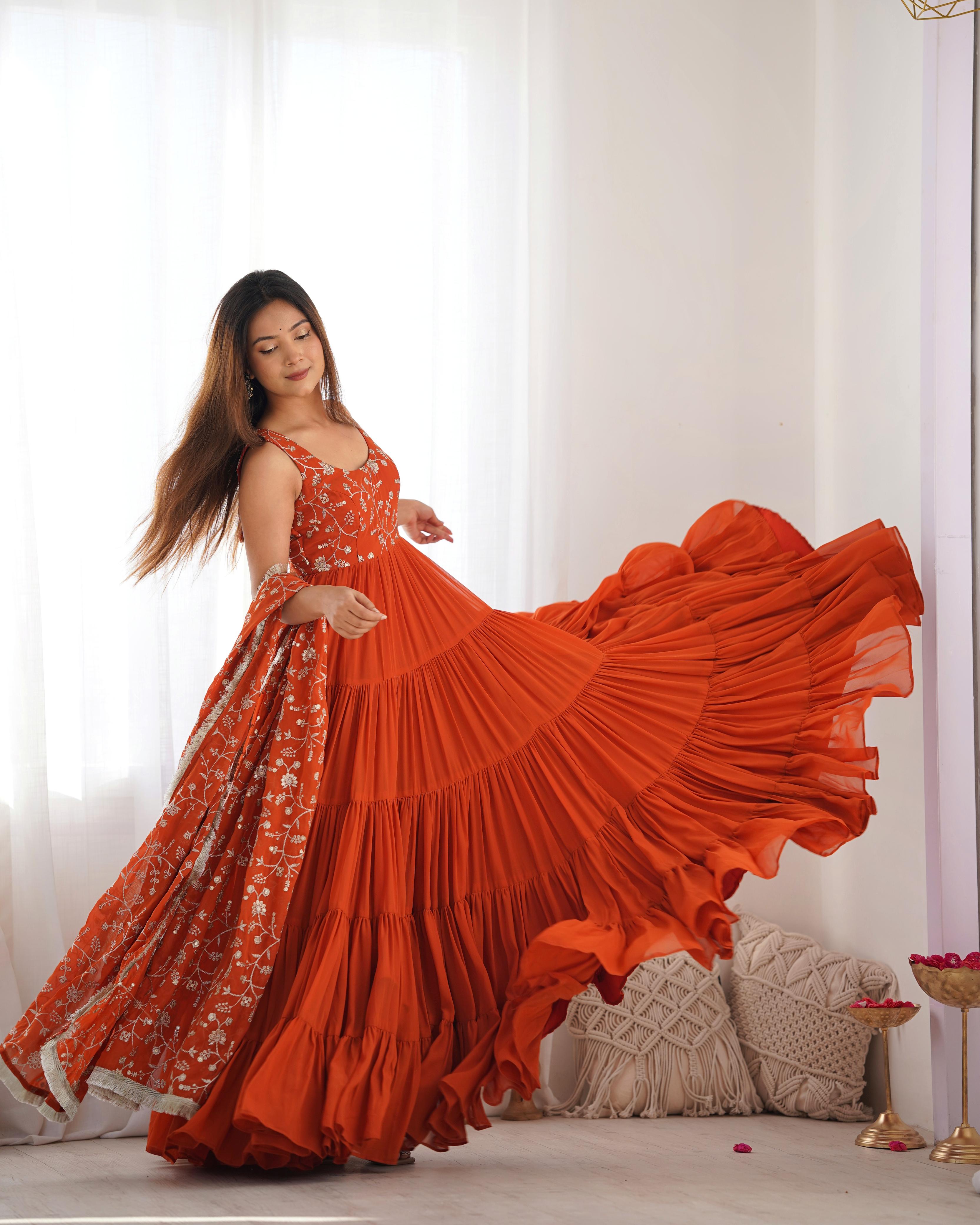 Rust Soft Fox Georgette Anarkali Suit Set with Huge Flair for celebrations