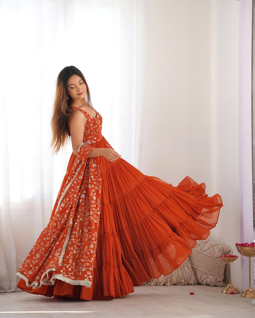 Rust Soft Fox Georgette Anarkali Suit Set with Huge Flair for celebrations