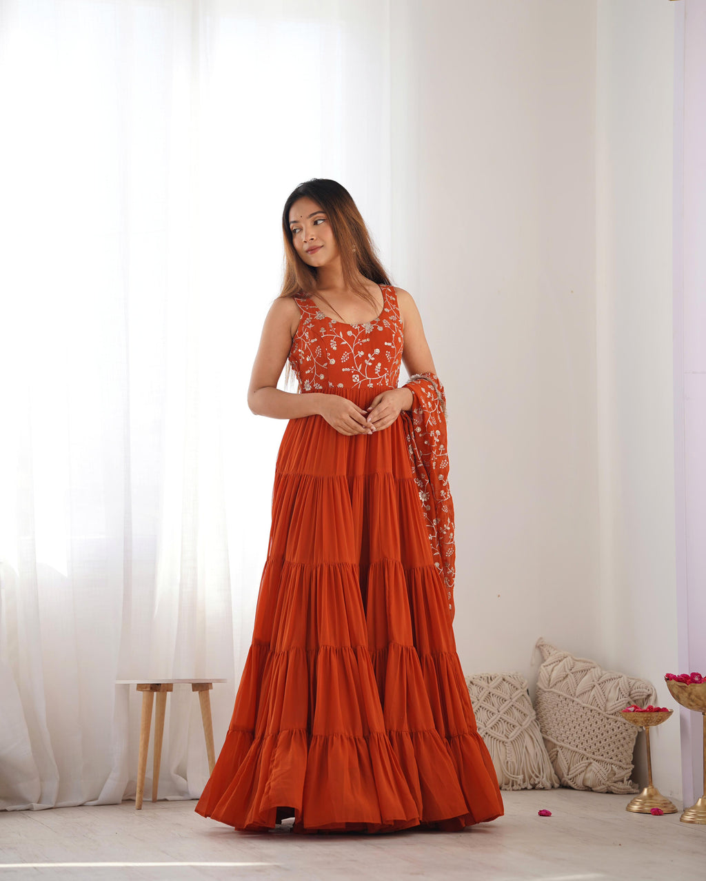 Rust Soft Fox Georgette Anarkali Suit Set with Huge Flair for celebrations