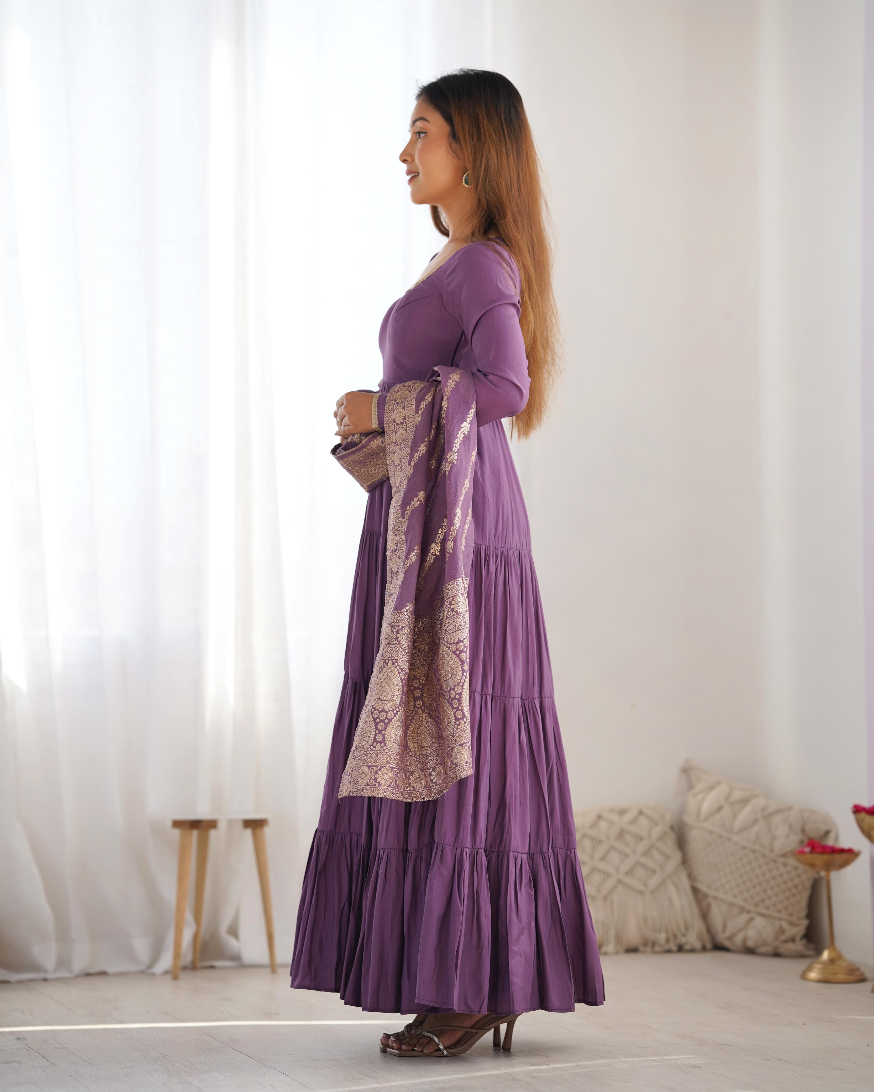 Lilac Roman Silk Chanderi Anarkali Suit Set with Flair for Festive Wear