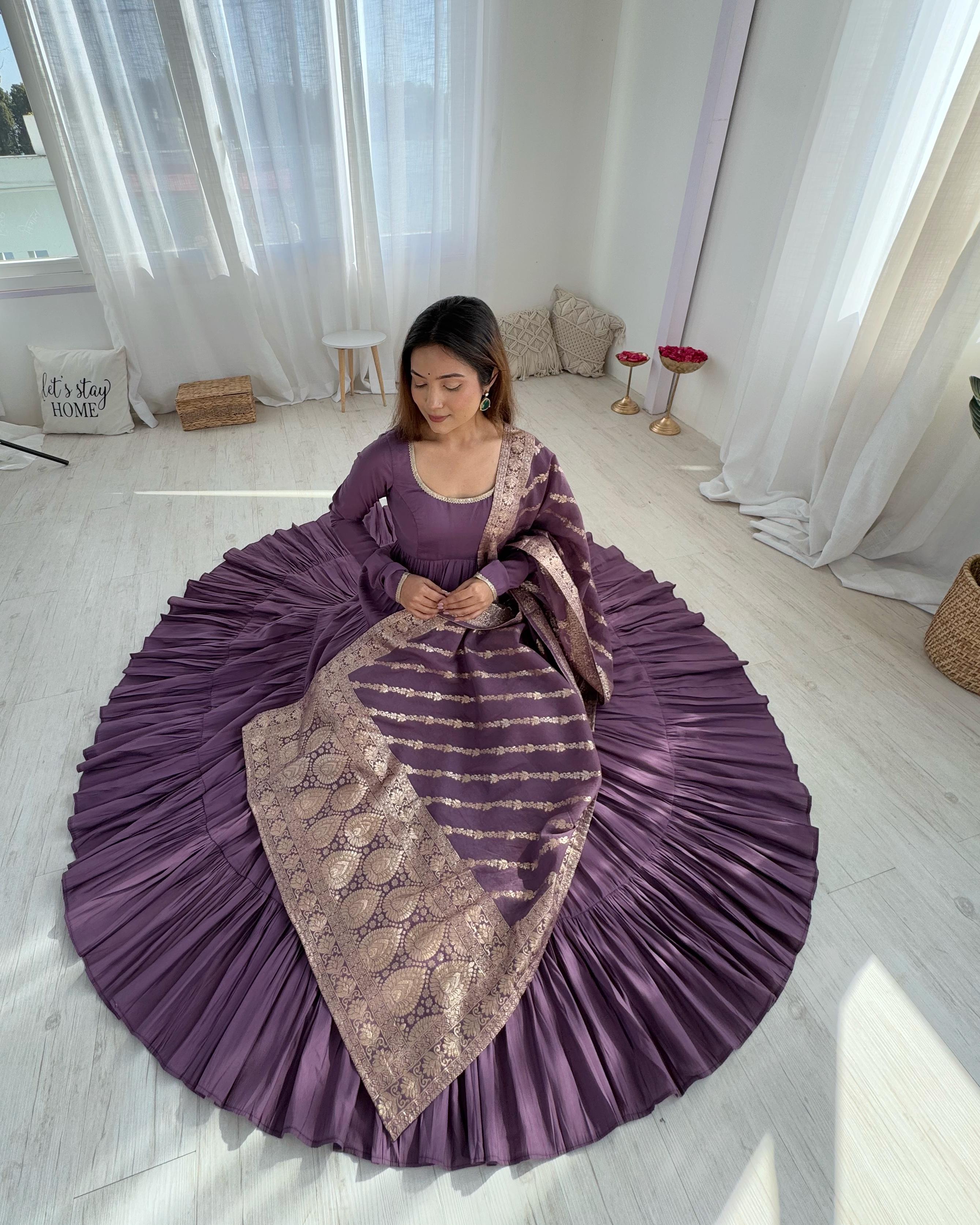 Lilac Roman Silk Chanderi Anarkali Suit Set with Flair for Festive Wear