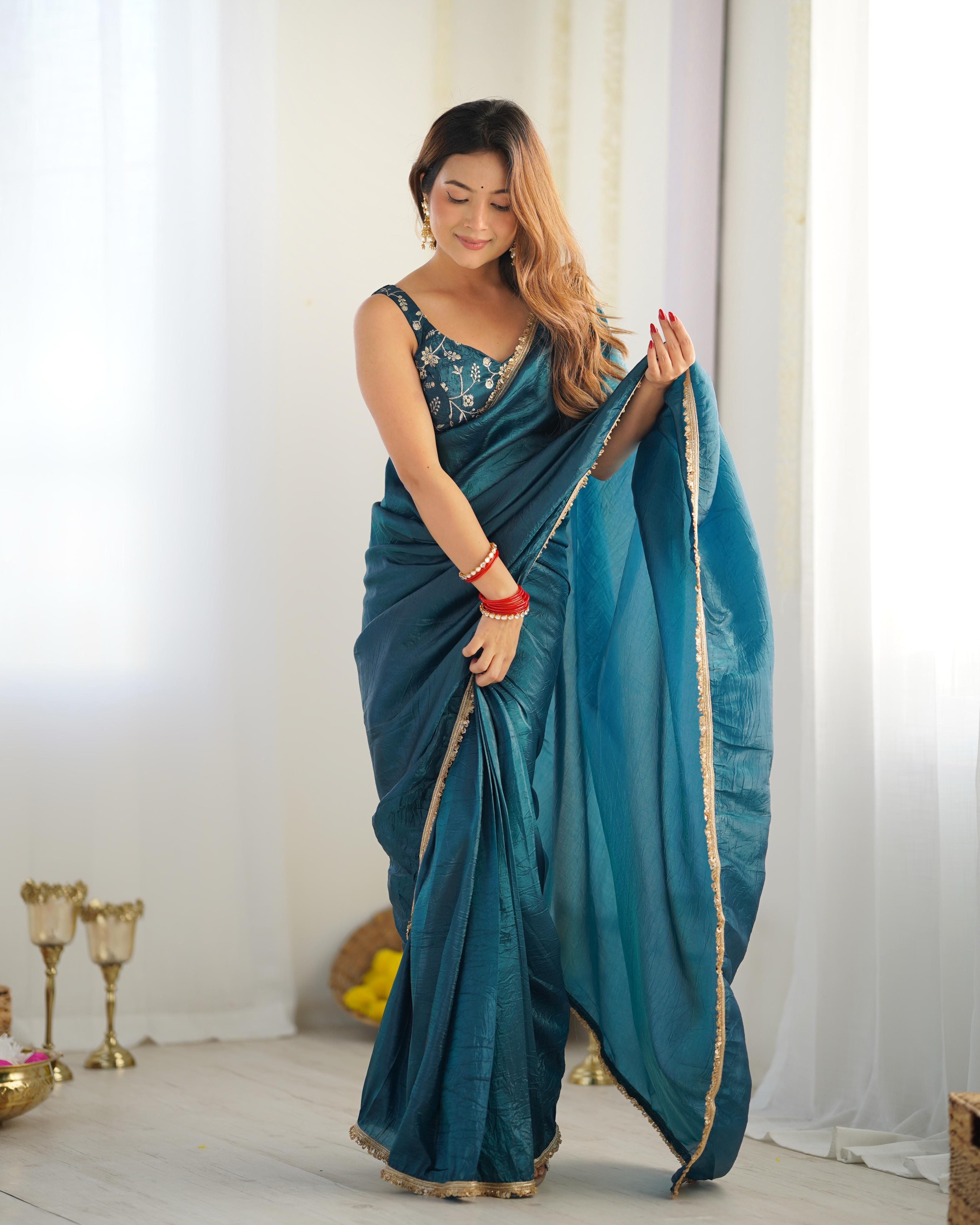 Teal Crush Tissue Silk Saree, Ready-to-Wear design perfect for festive occasions