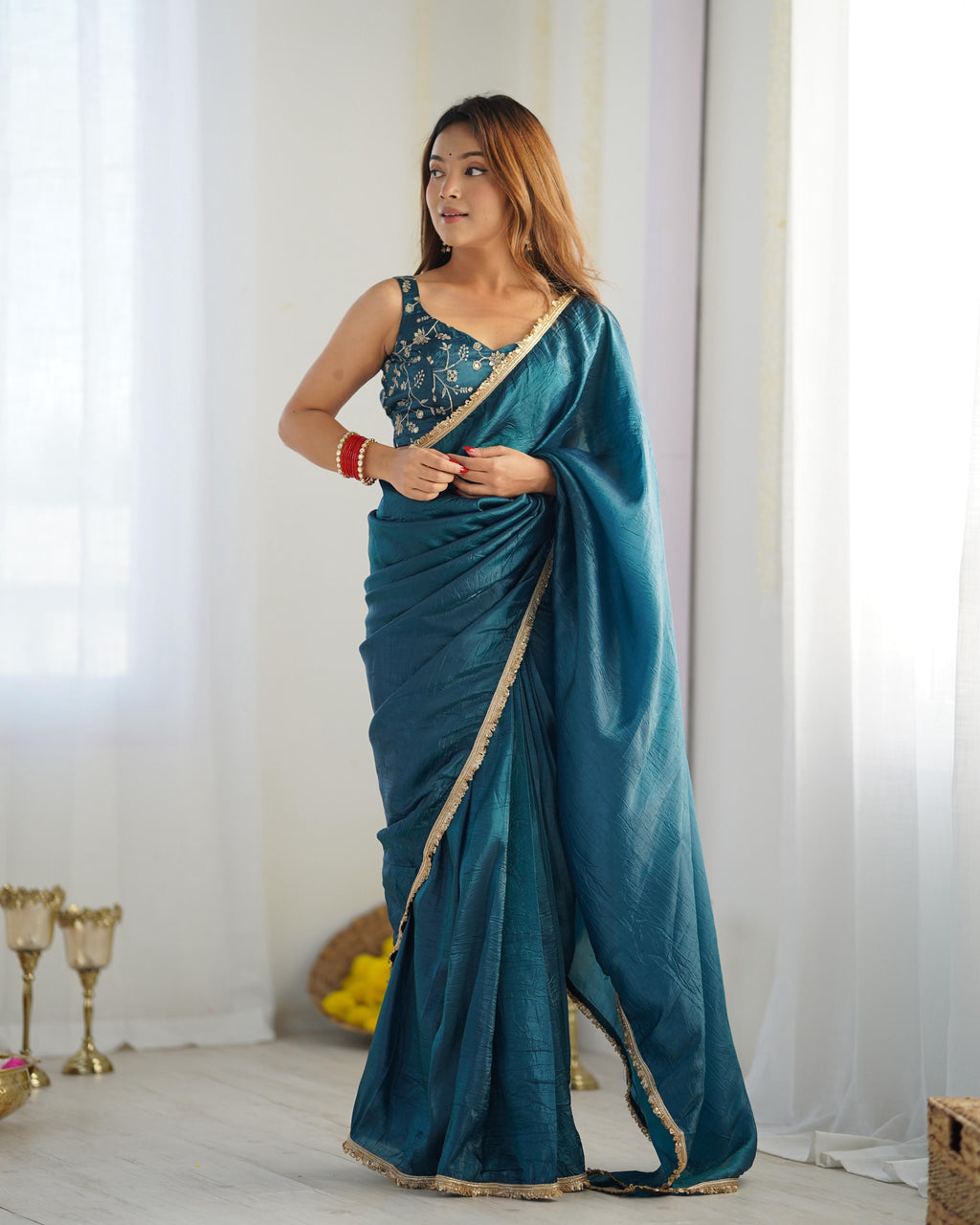 Teal Crush Tissue Silk Saree, Ready-to-Wear design perfect for festive occasions