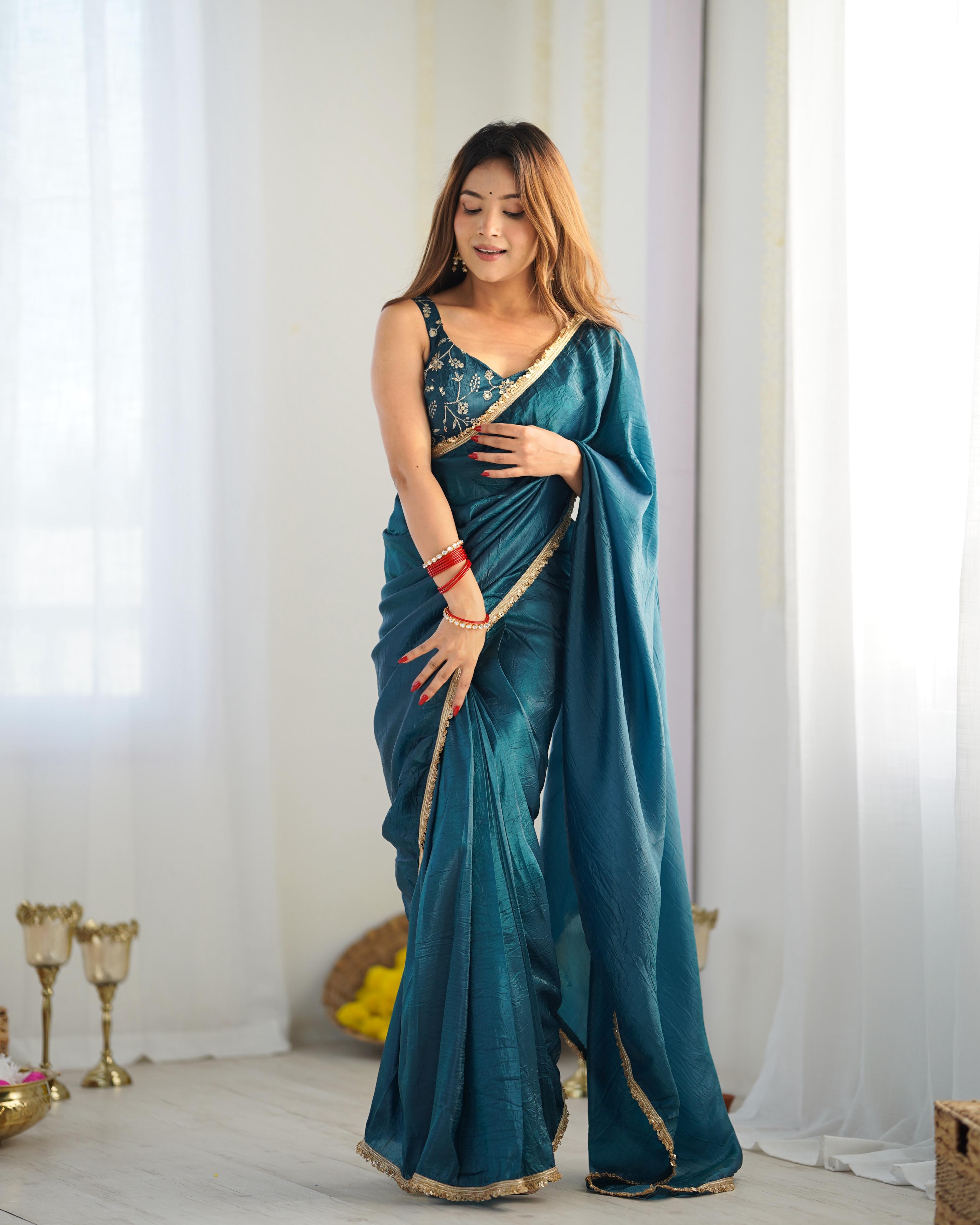 Teal Crush Tissue Silk Saree, Ready-to-Wear design perfect for festive occasions