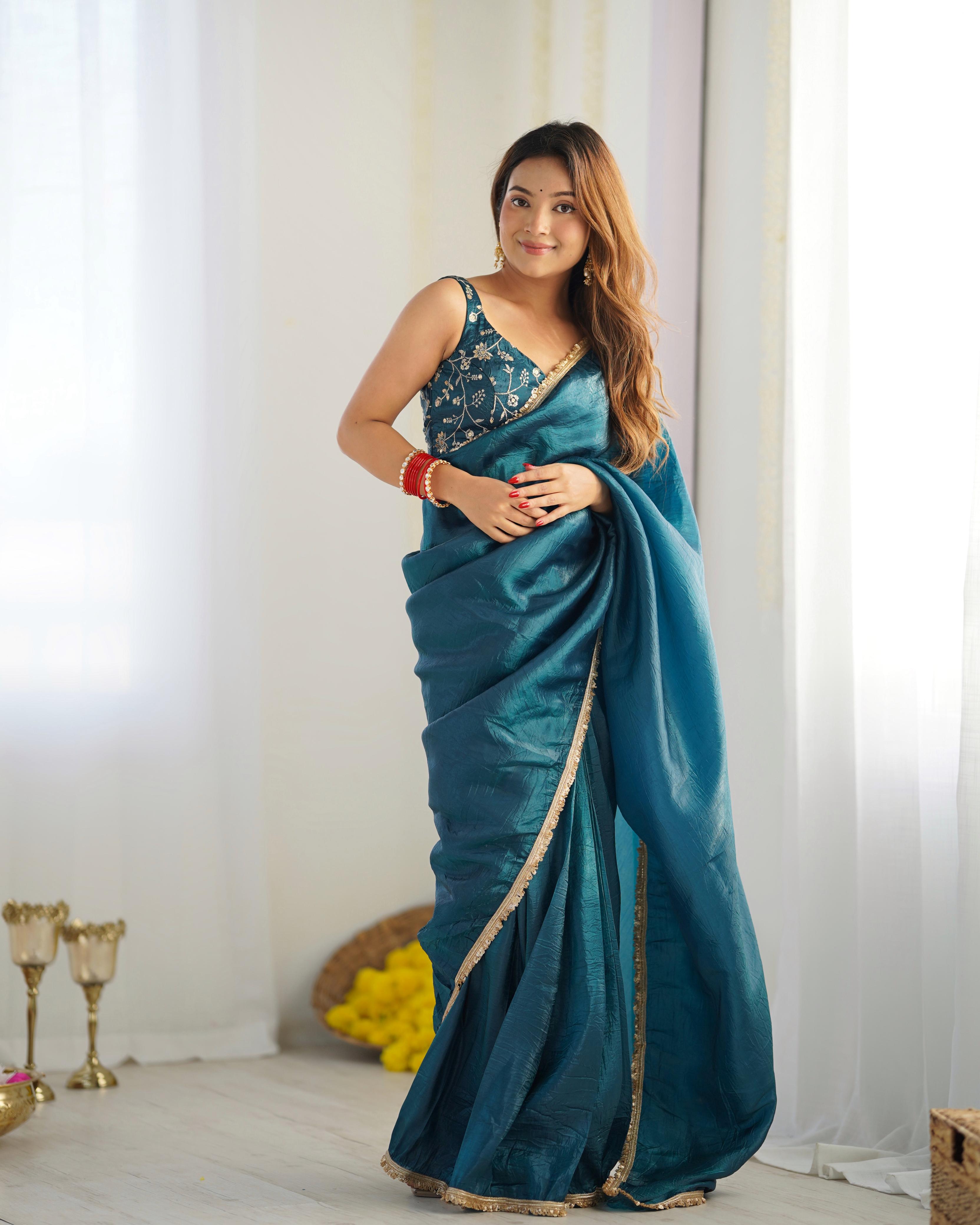 Teal Crush Tissue Silk Saree, Ready-to-Wear design perfect for festive occasions