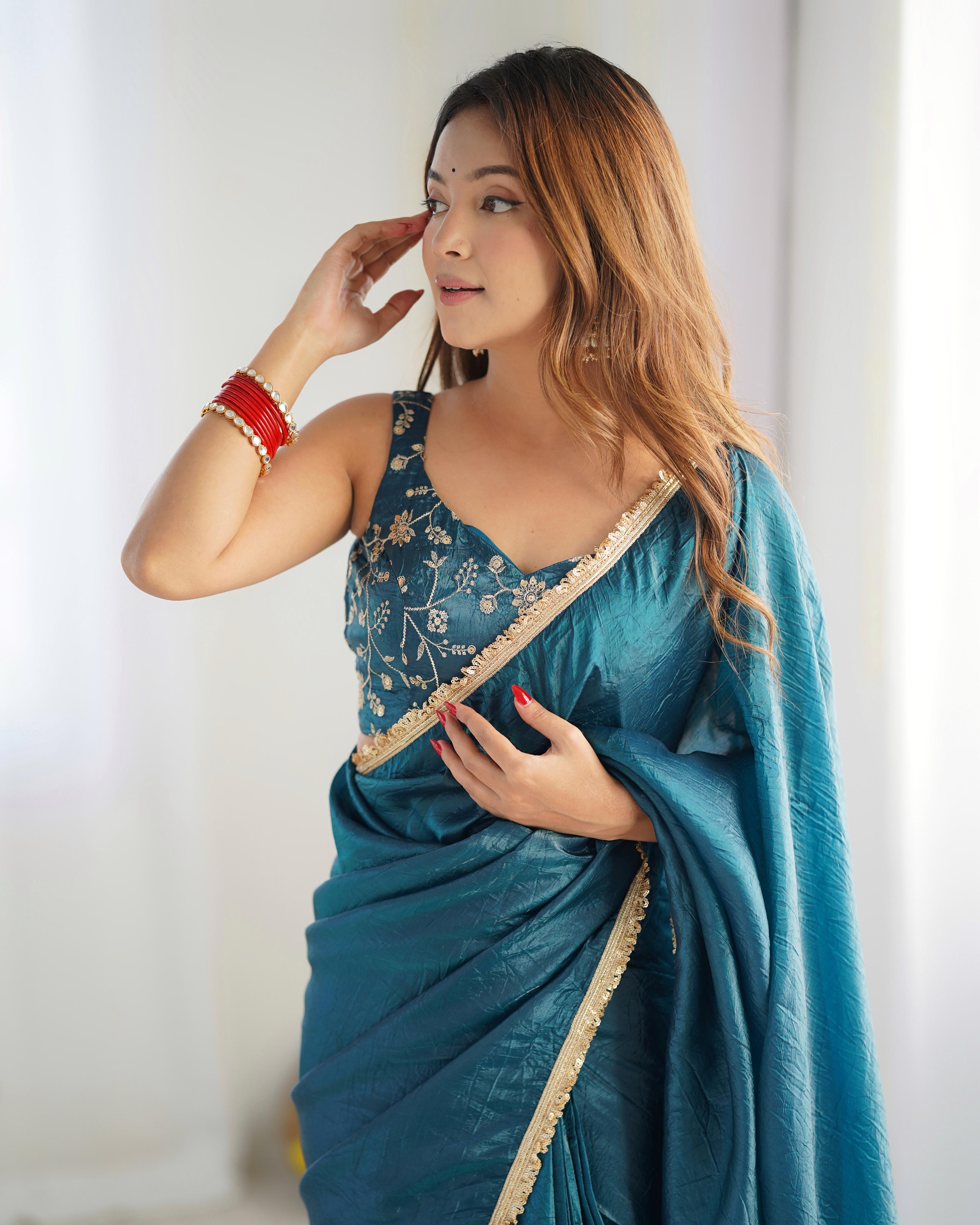 Teal Crush Tissue Silk Saree, Ready-to-Wear design perfect for festive occasions