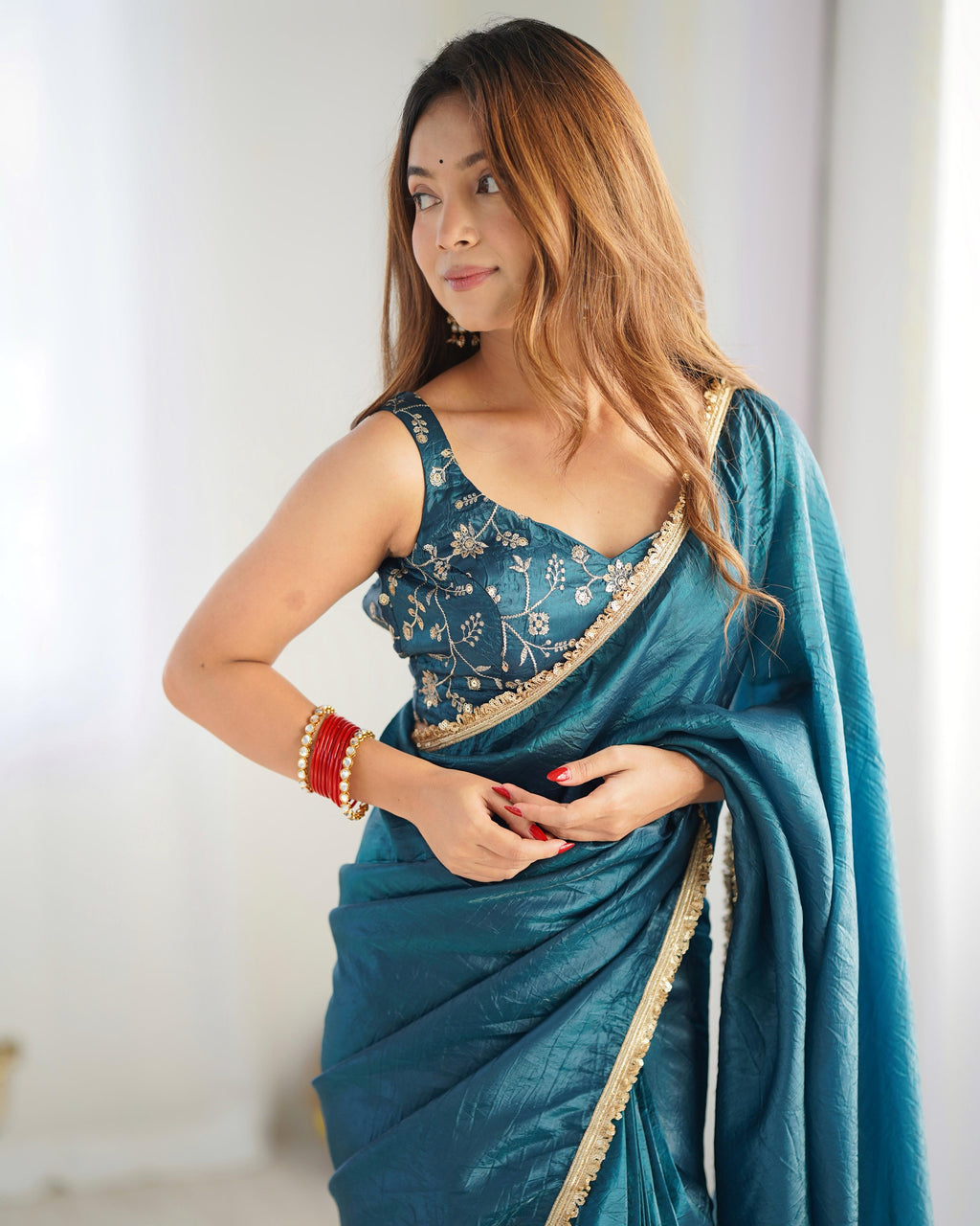 Teal Crush Tissue Silk Saree, Ready-to-Wear design perfect for festive occasions